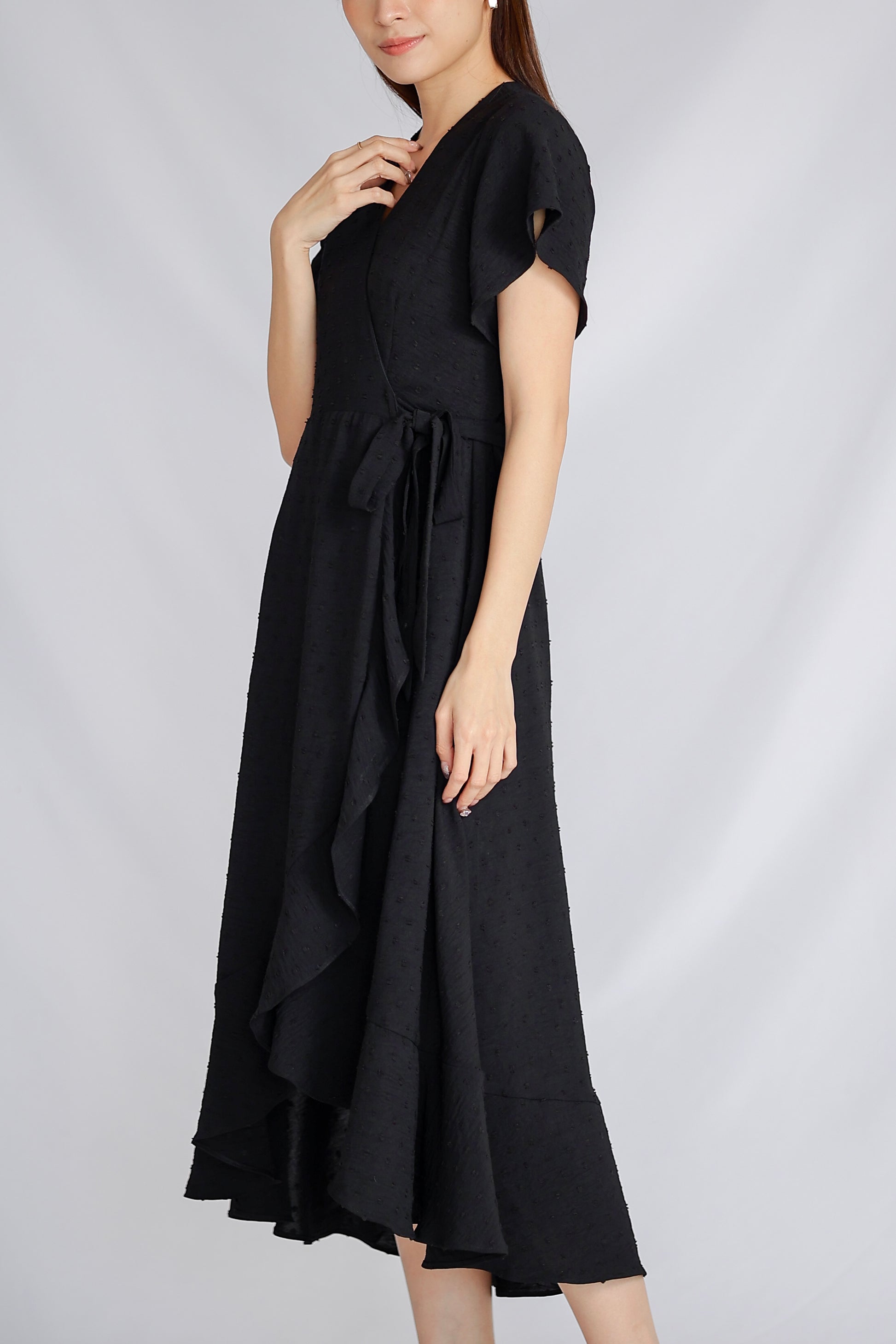 Talisha Surplice Wrapped Midi Dress - Black
