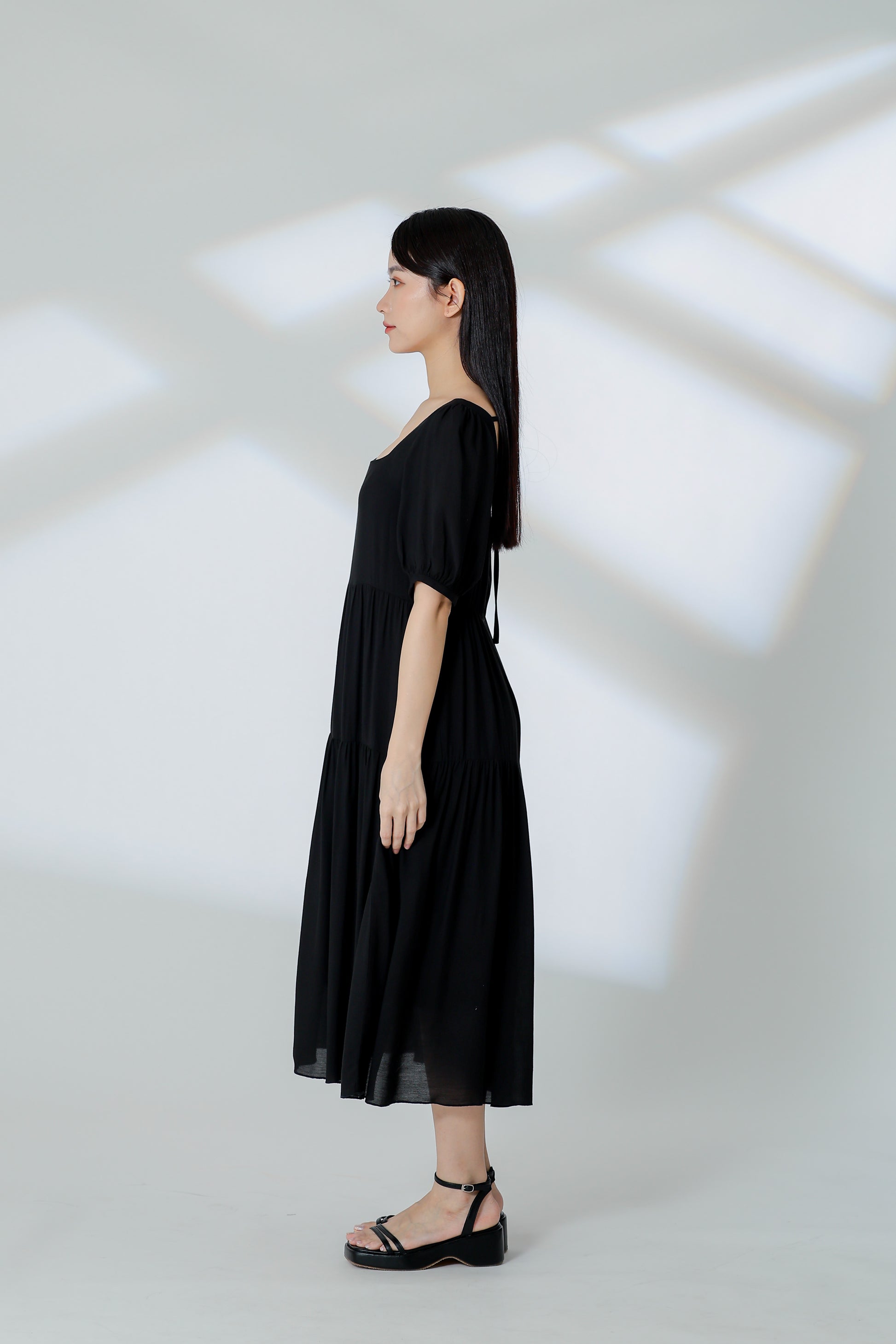 Auden Back Tie Up Tiered Dress - Black