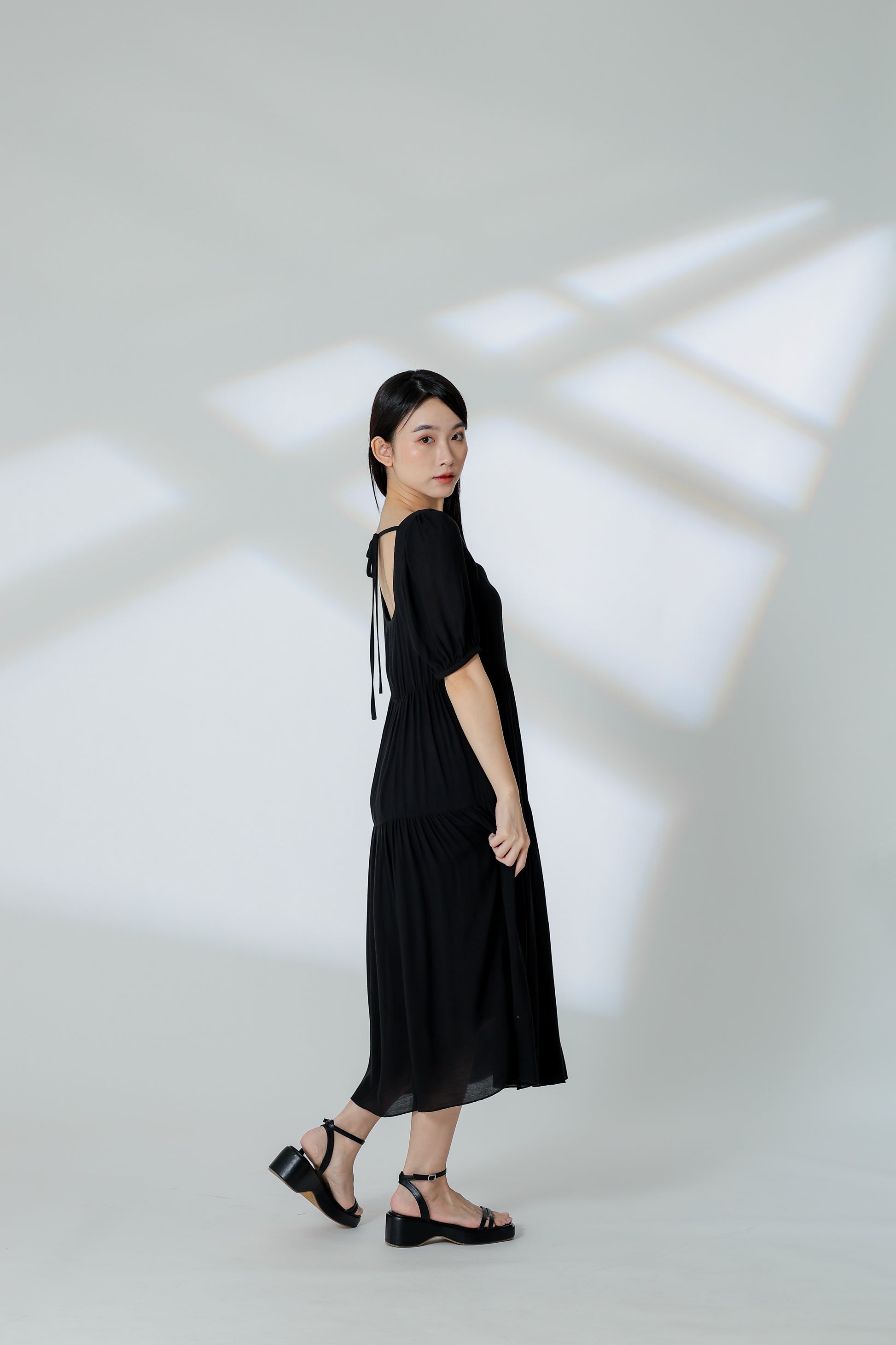 Auden Back Tie Up Tiered Dress - Black