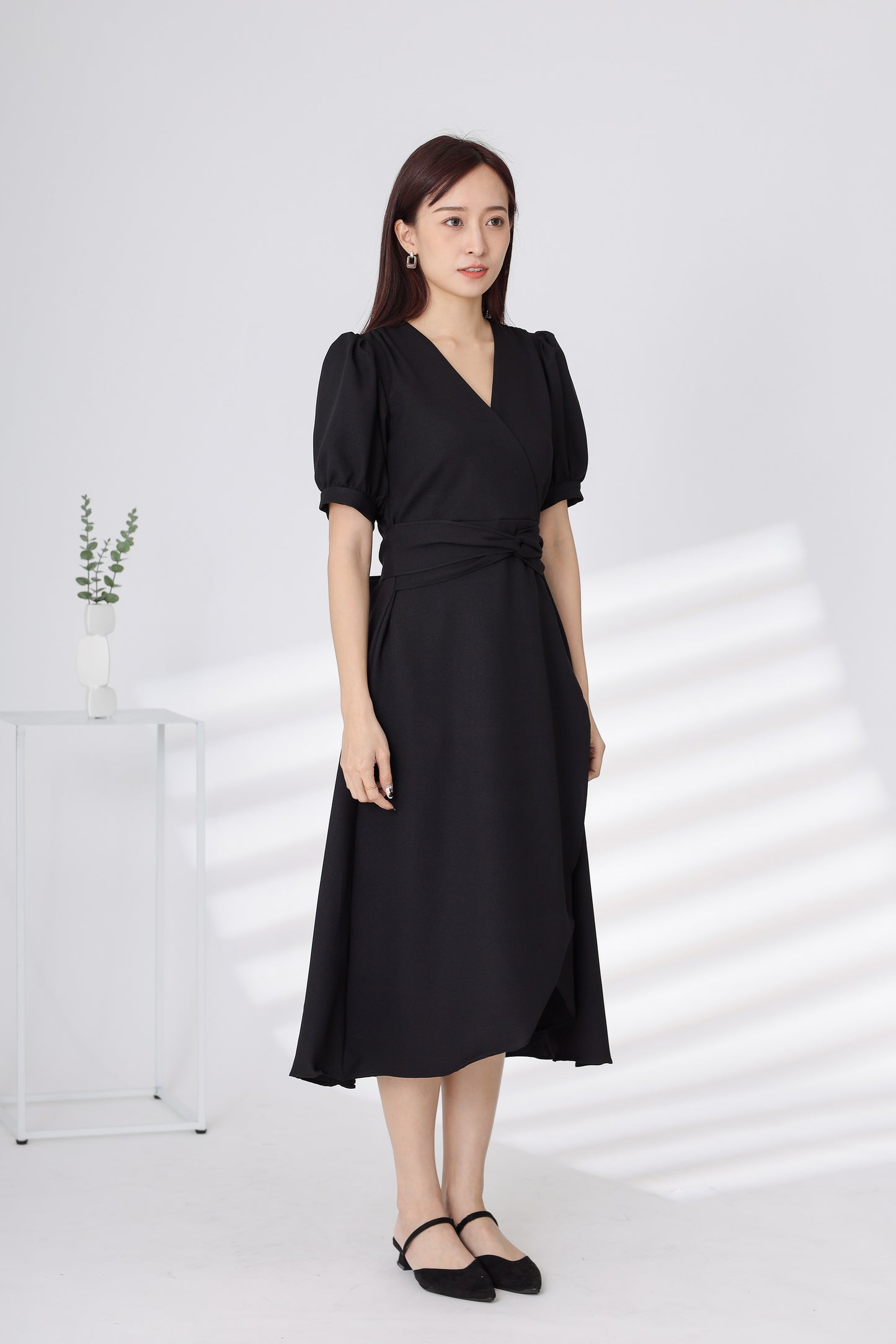 Ayana Wrapped Waist Midi Dress - Black