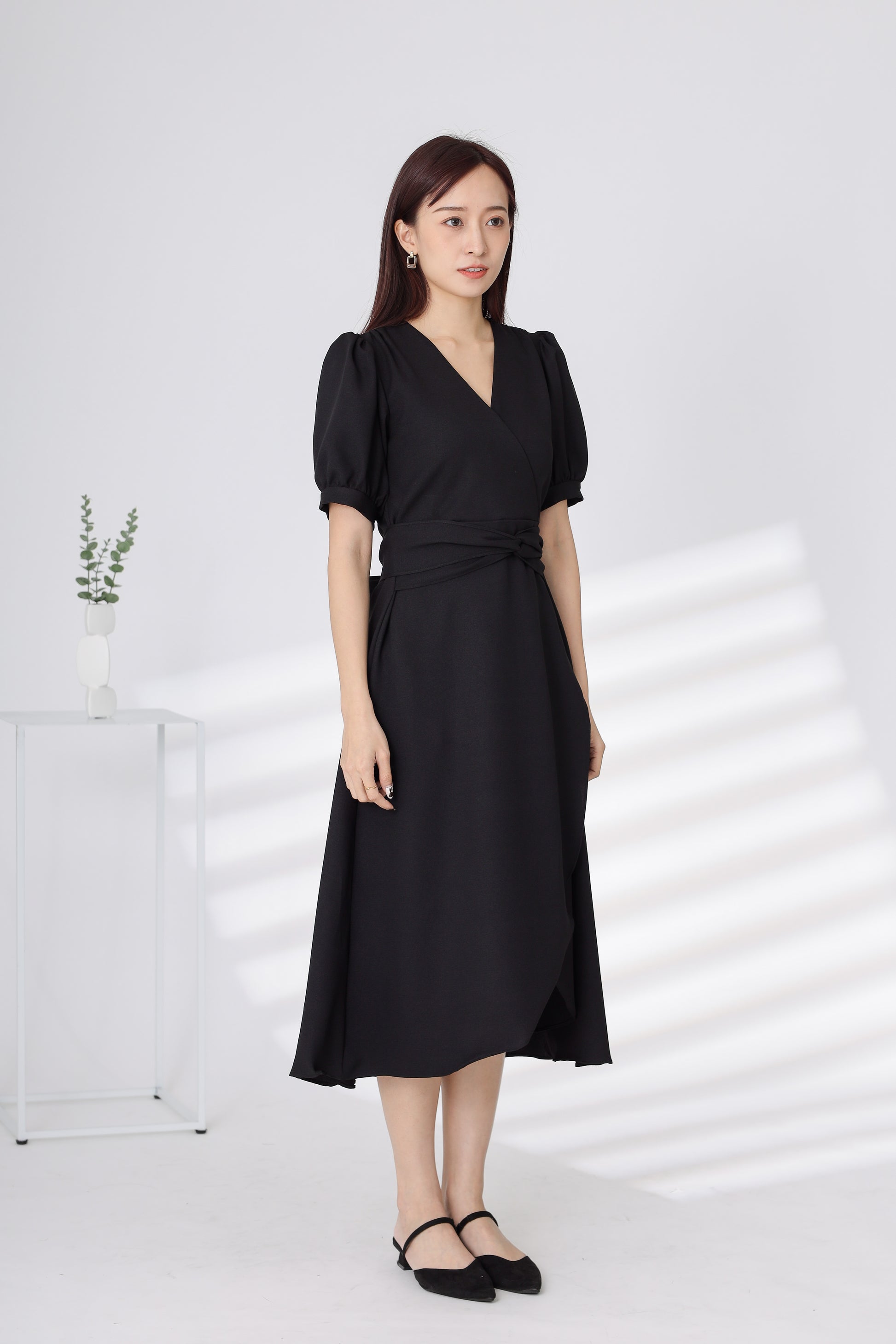 Ayana Wrapped Waist Midi Dress - Black