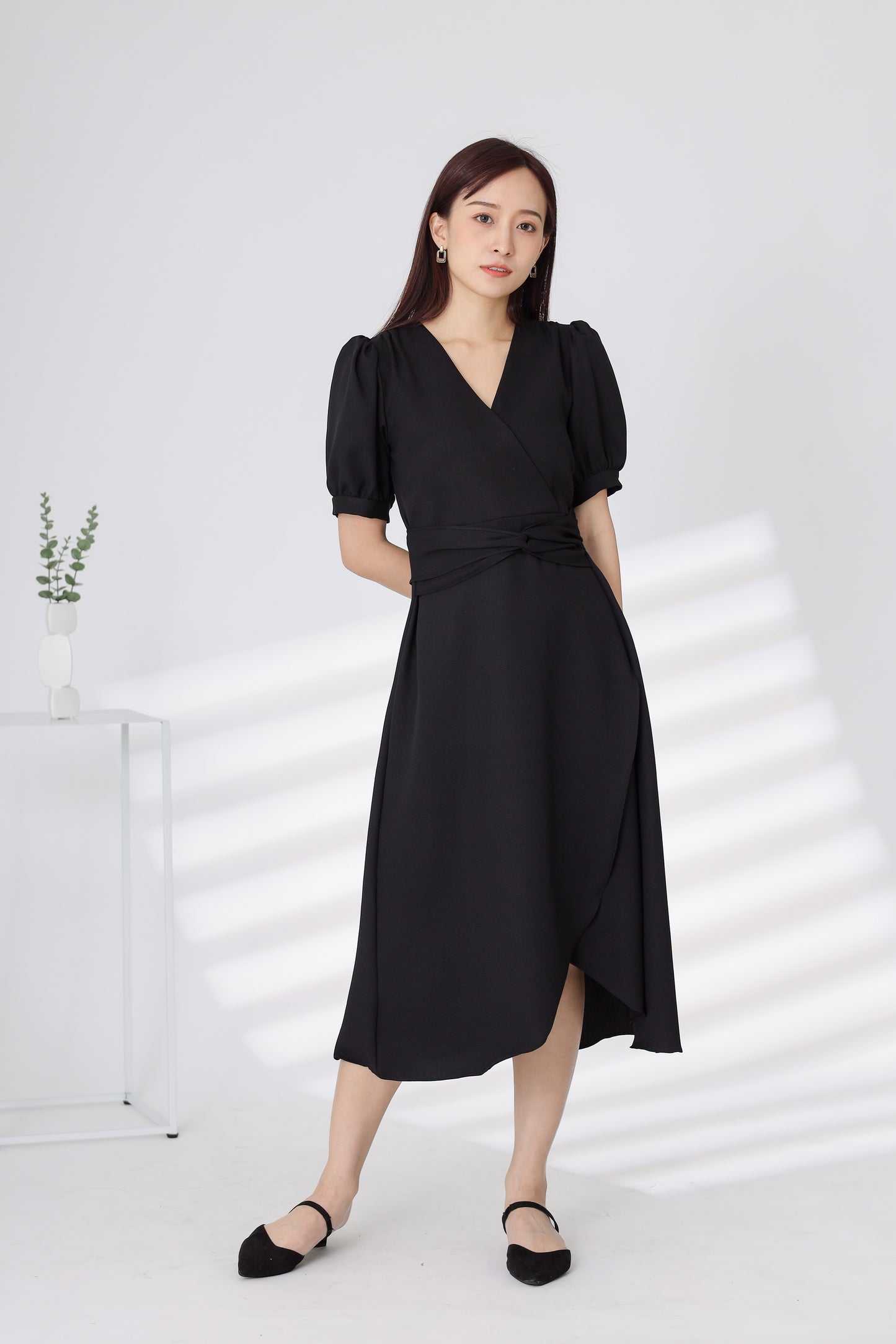 Ayana Wrapped Waist Midi Dress - Black