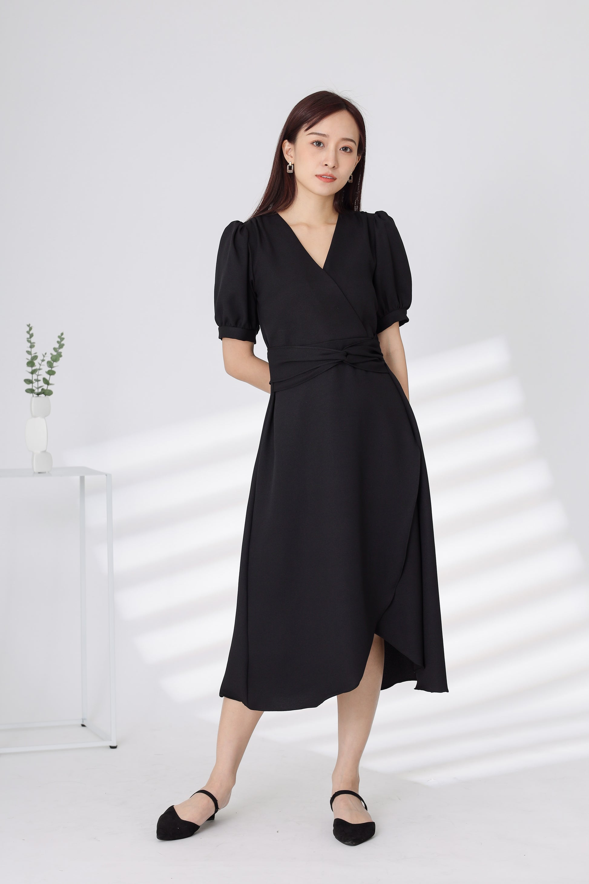 Ayana Wrapped Waist Midi Dress - Black