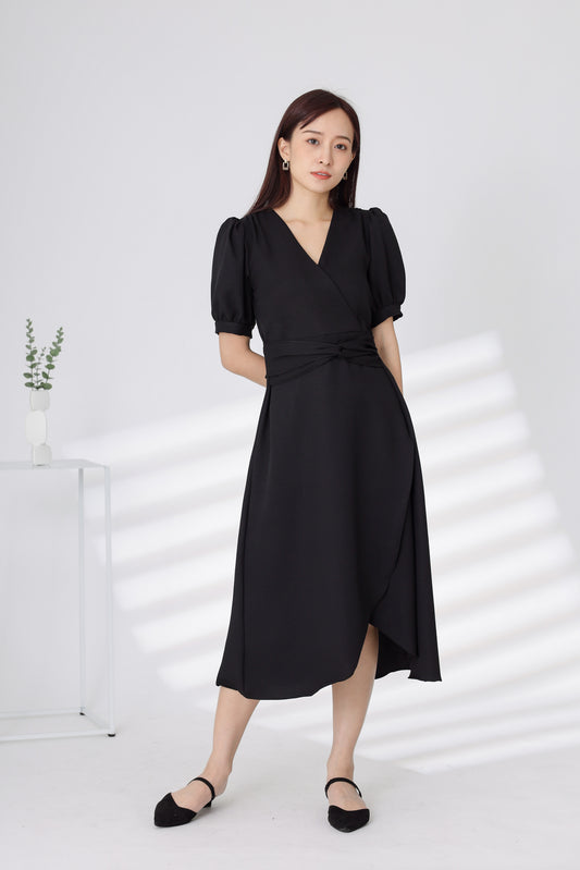 Ayana Wrapped Waist Midi Dress - Black