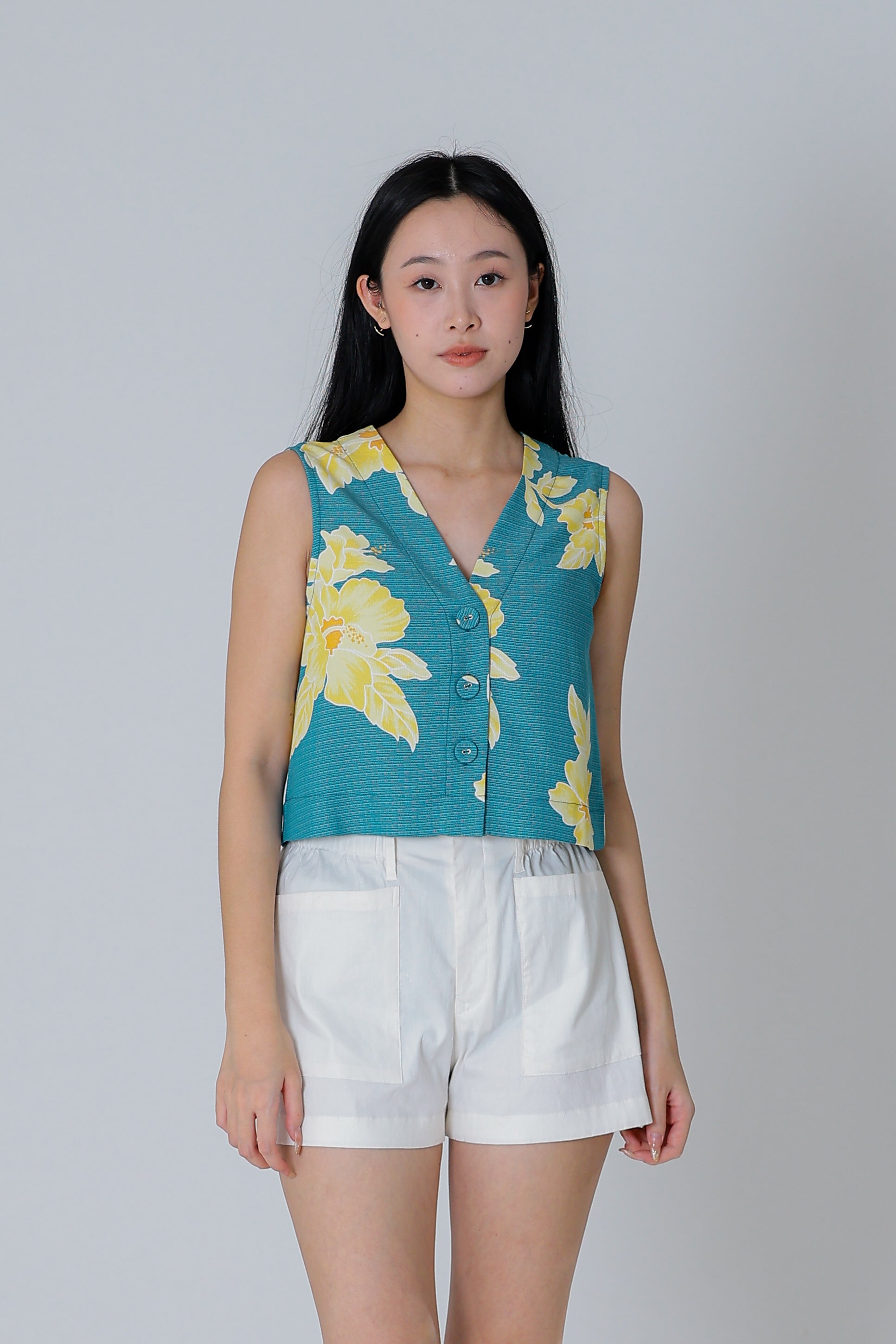 Drika V Neck Printed Top - Teal