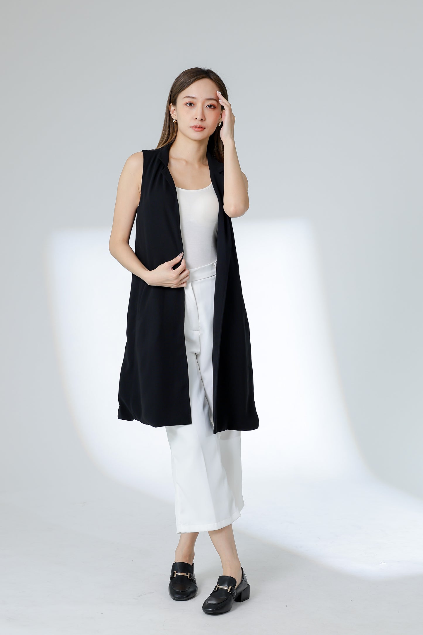 Eleora Notched Lapel Long Vest - Black