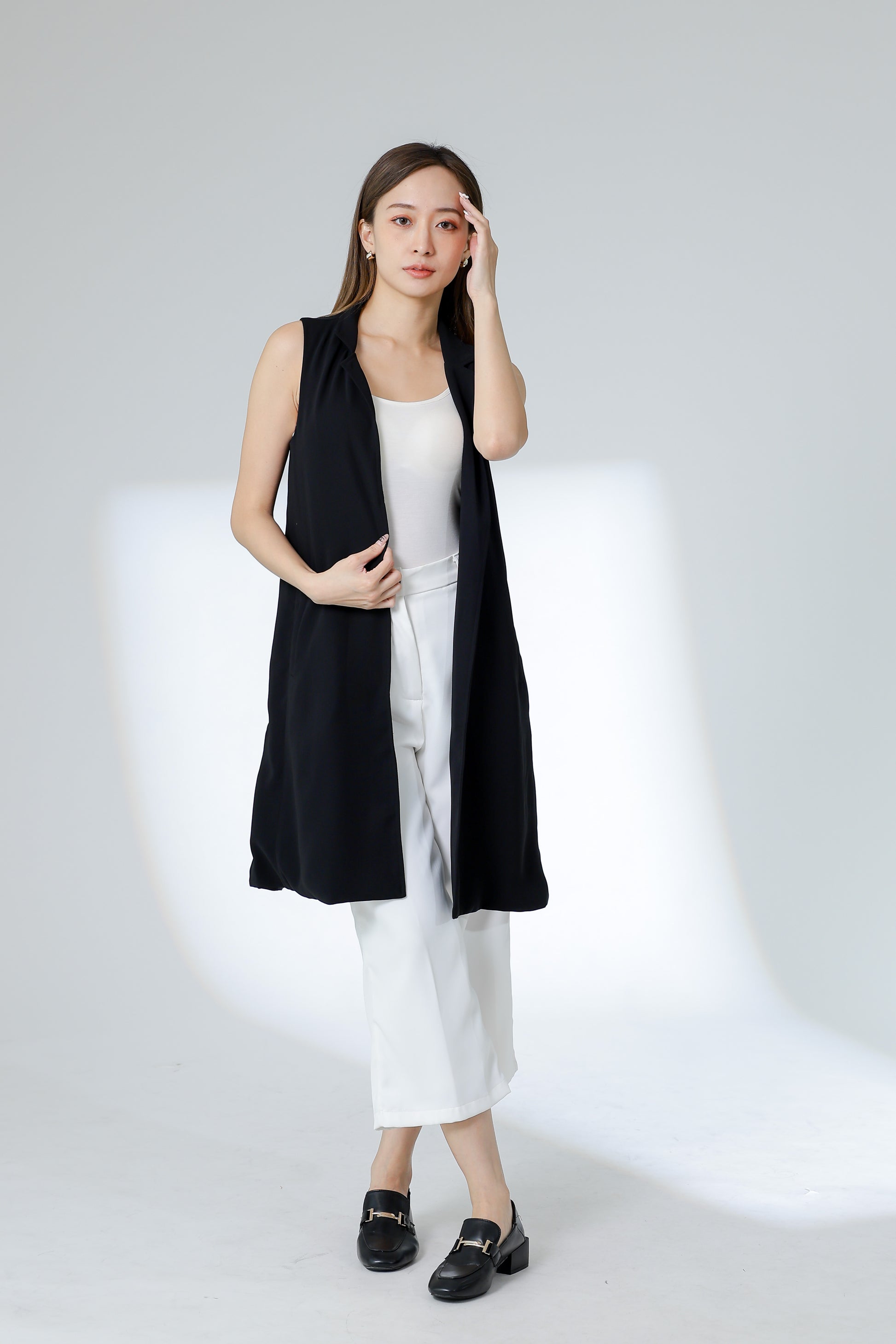 Eleora Notched Lapel Long Vest - Black