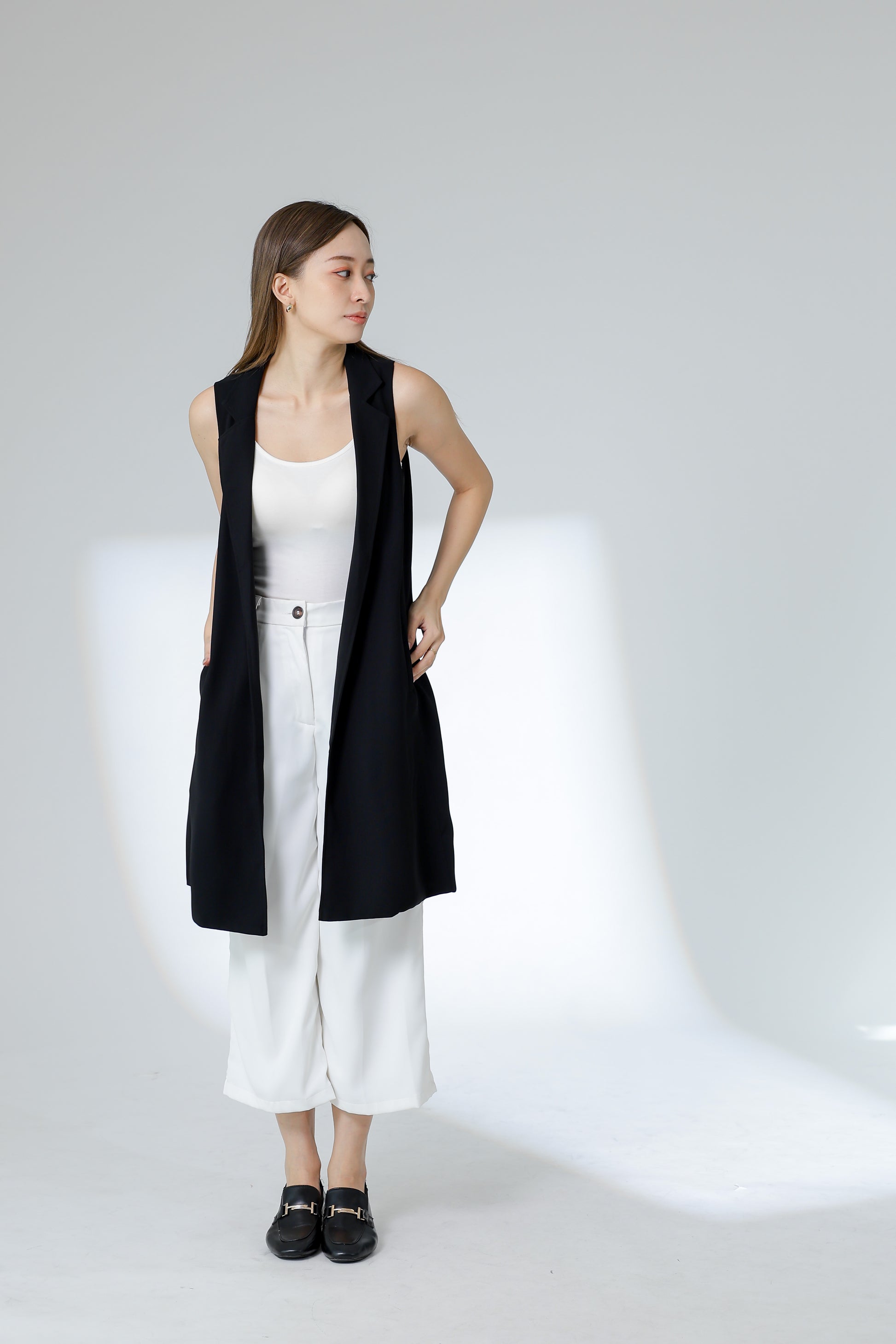 Eleora Notched Lapel Long Vest - Black