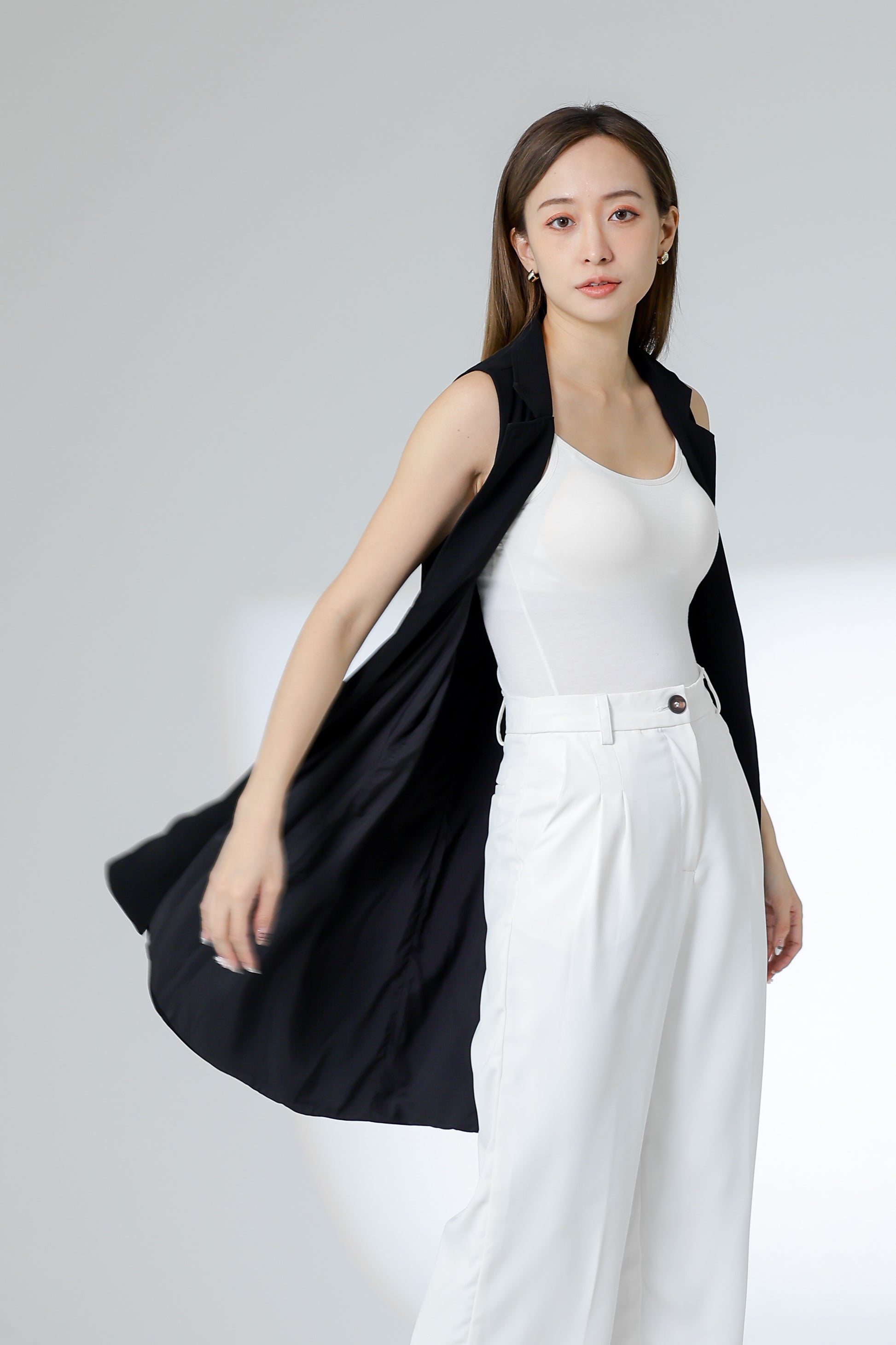 Eleora Notched Lapel Long Vest - Black