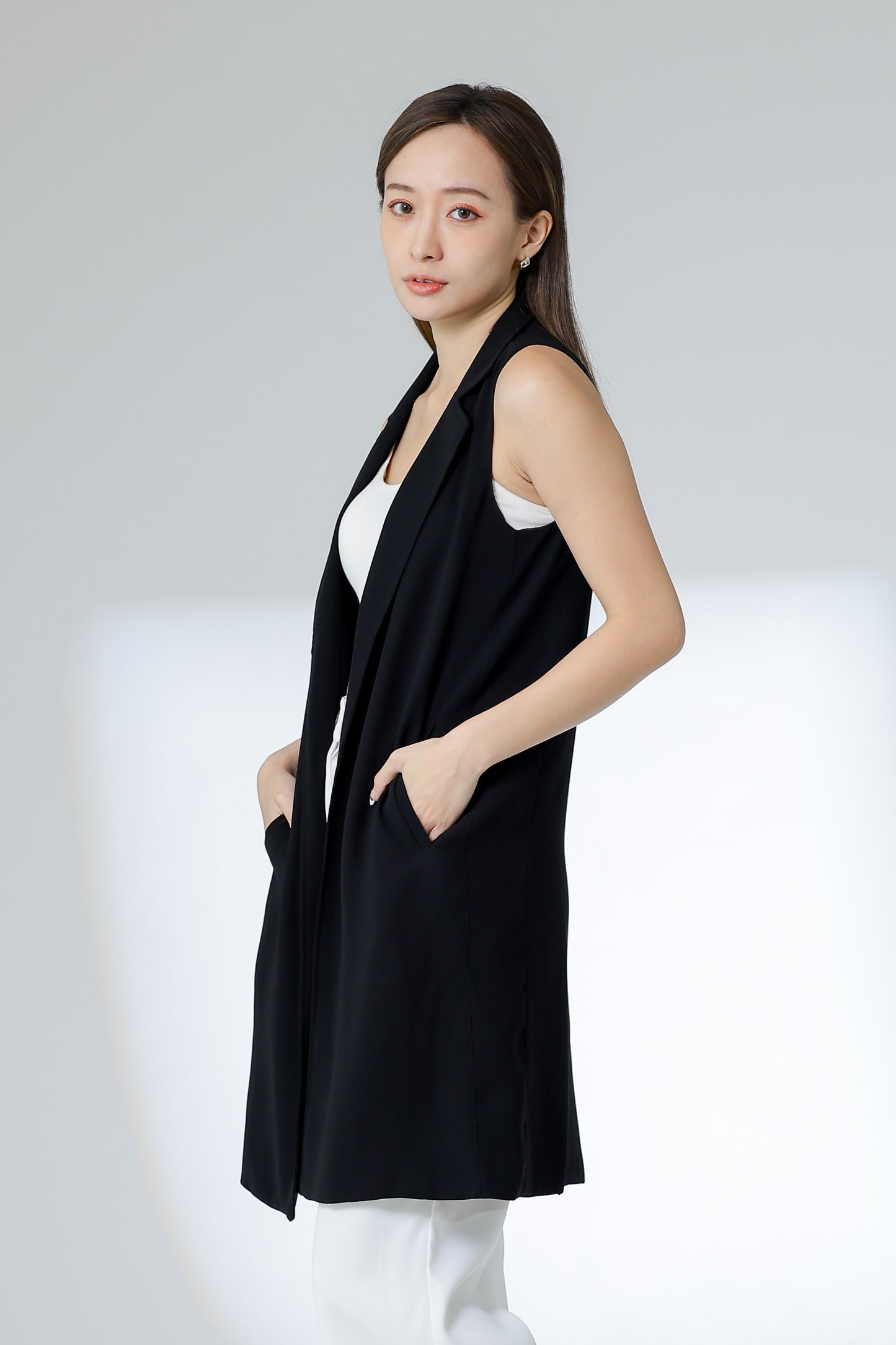 Eleora Notched Lapel Long Vest - Black