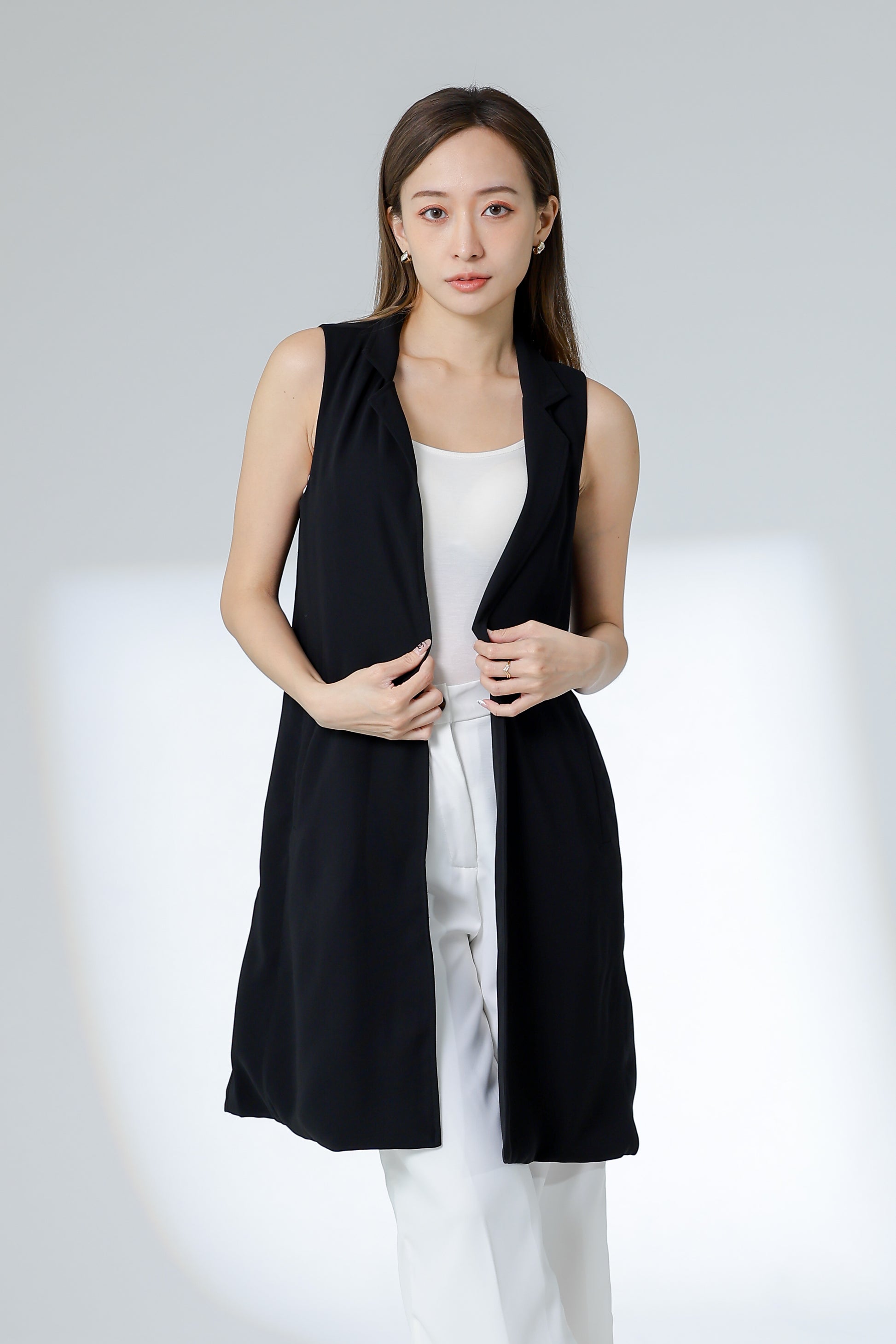 Eleora Notched Lapel Long Vest - Black