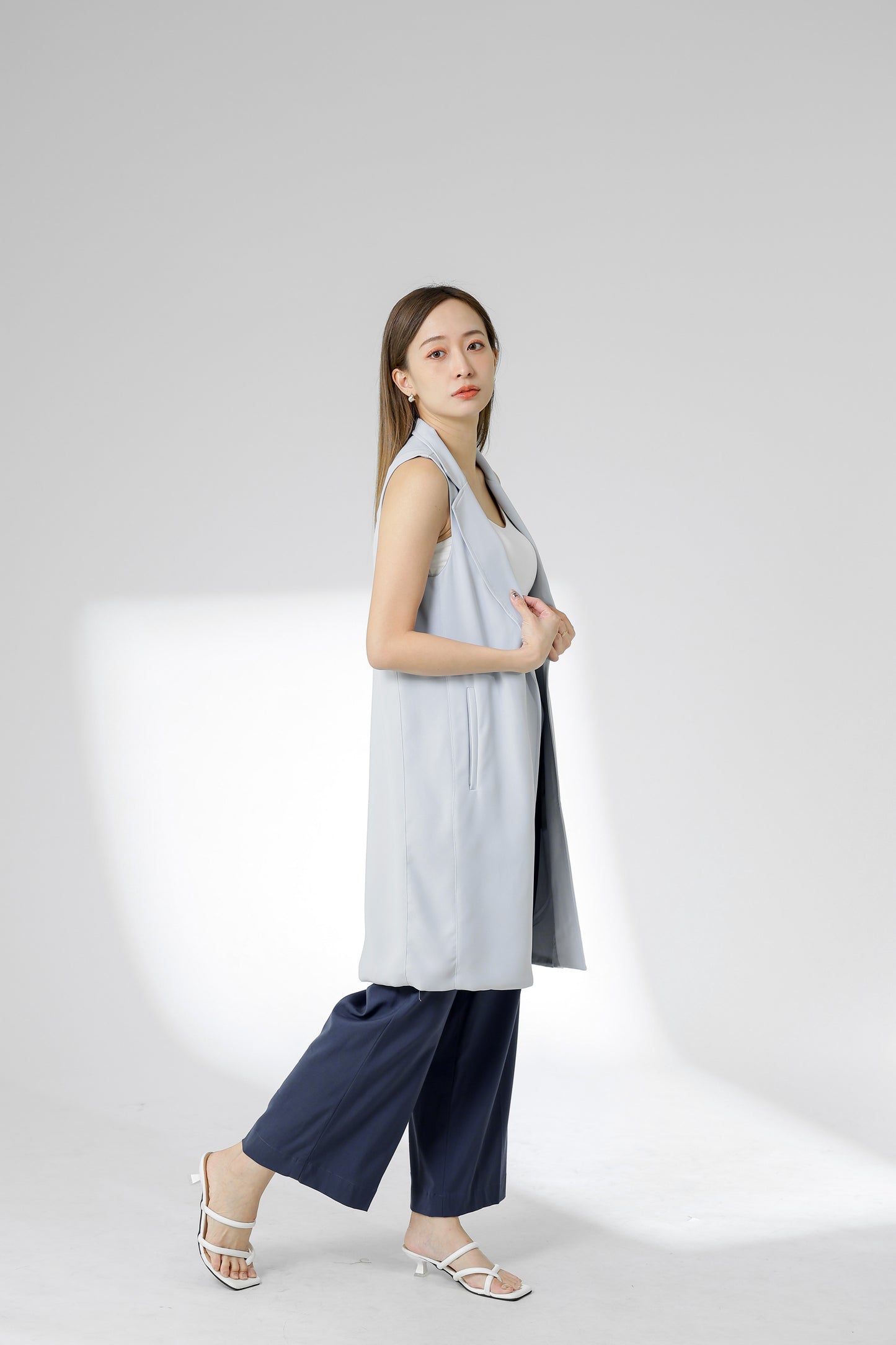 Eleora Notched Lapel Long Vest - Bluish Grey