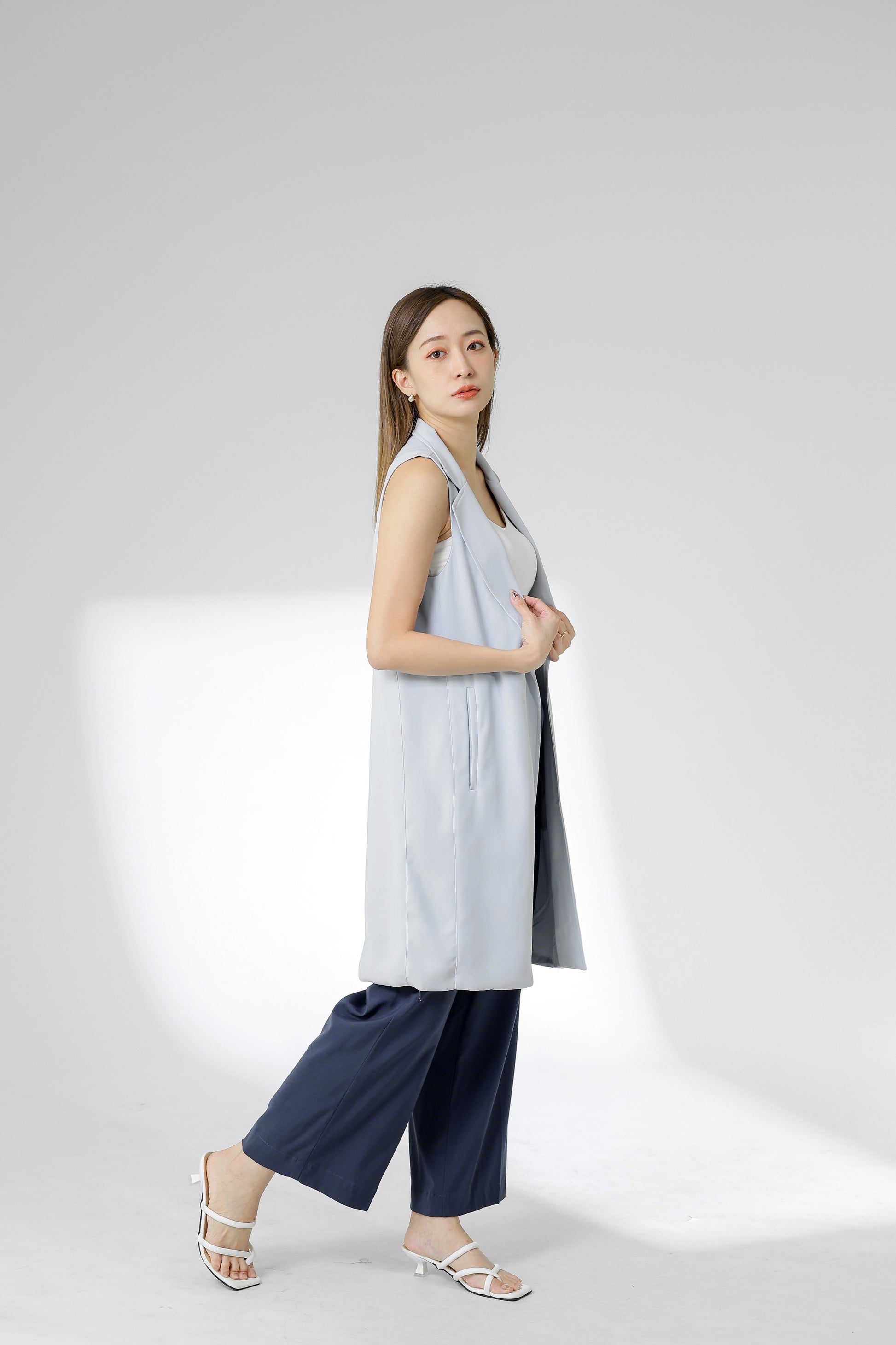 Eleora Notched Lapel Long Vest - Bluish Grey