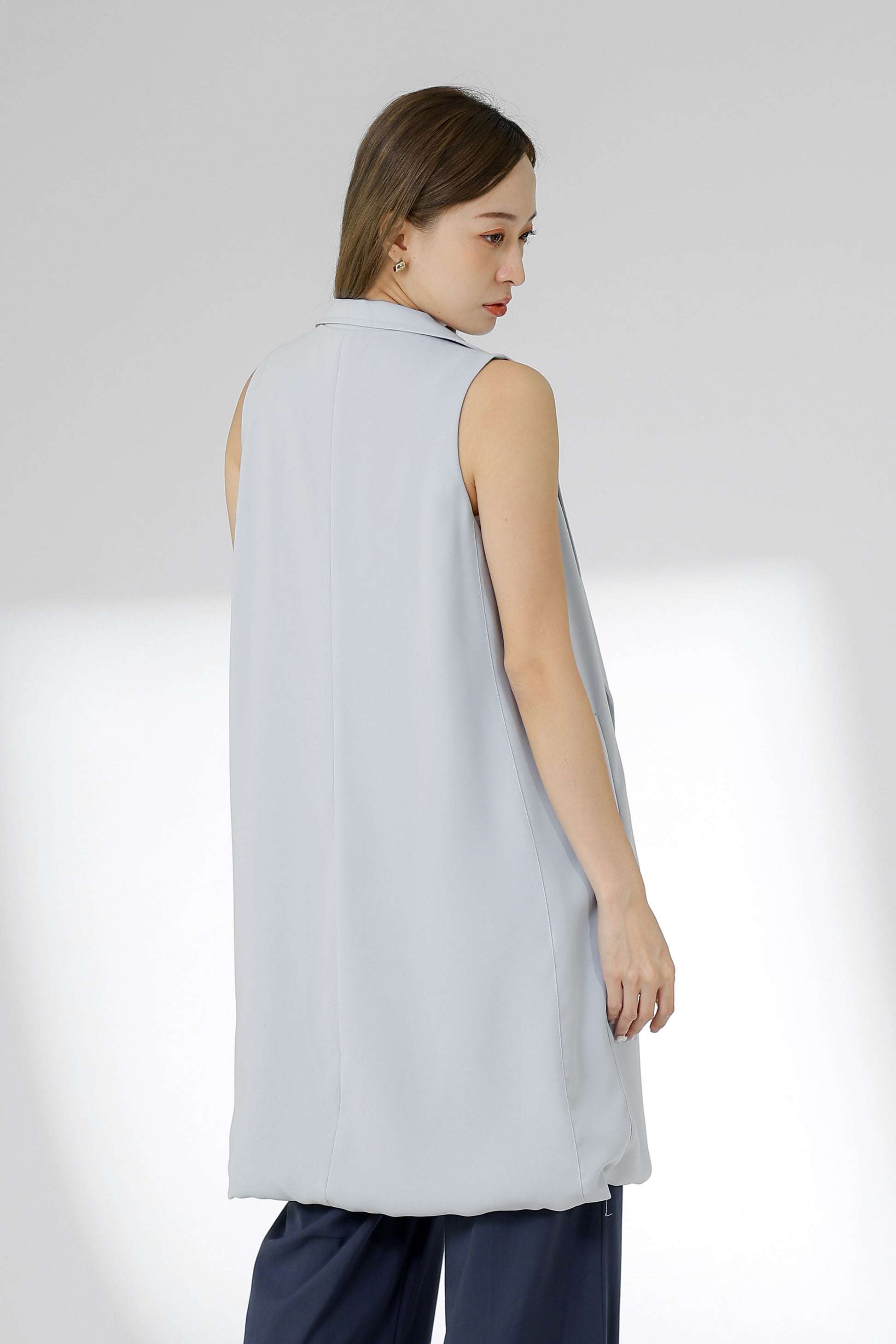 Eleora Notched Lapel Long Vest - Bluish Grey
