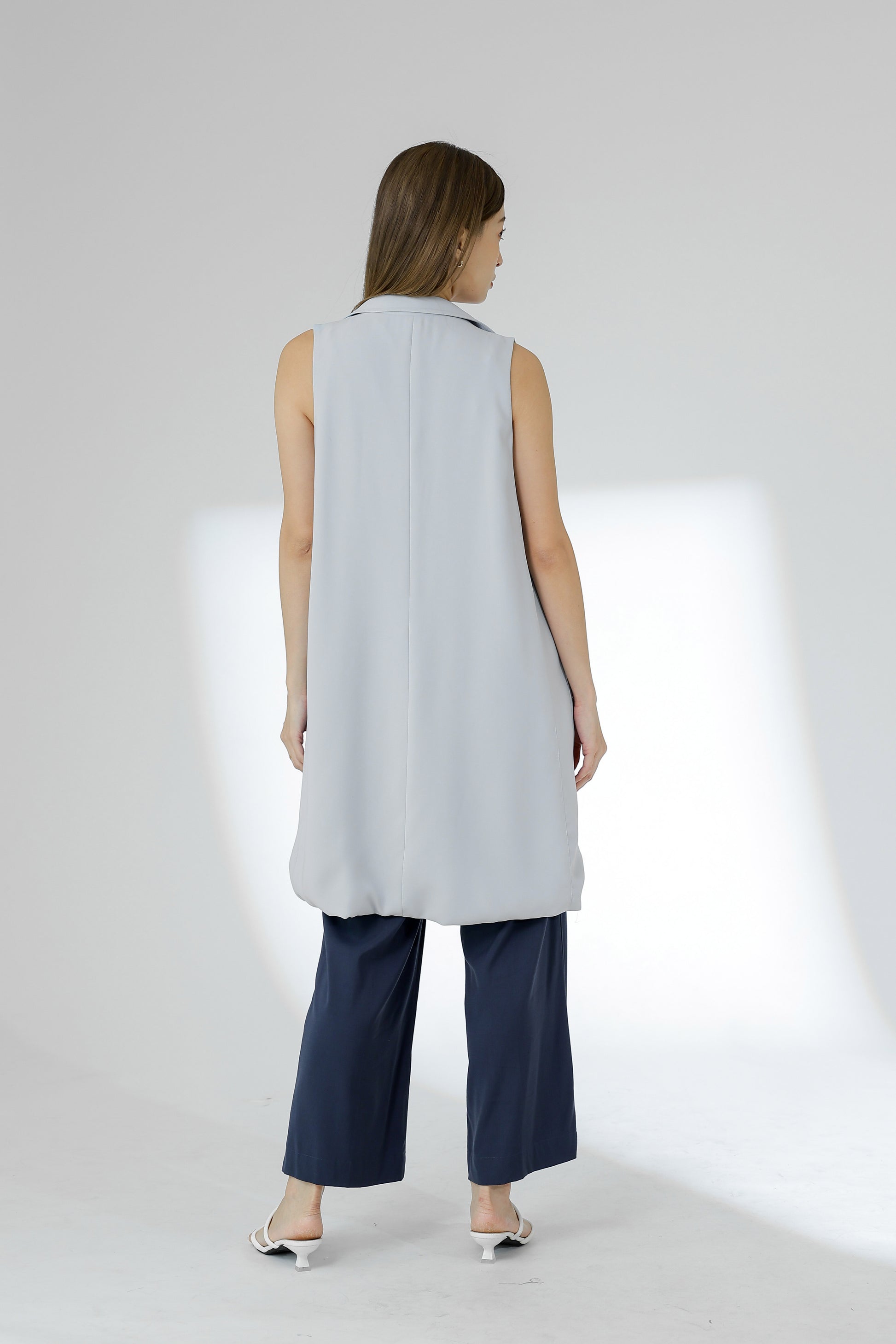Eleora Notched Lapel Long Vest - Bluish Grey