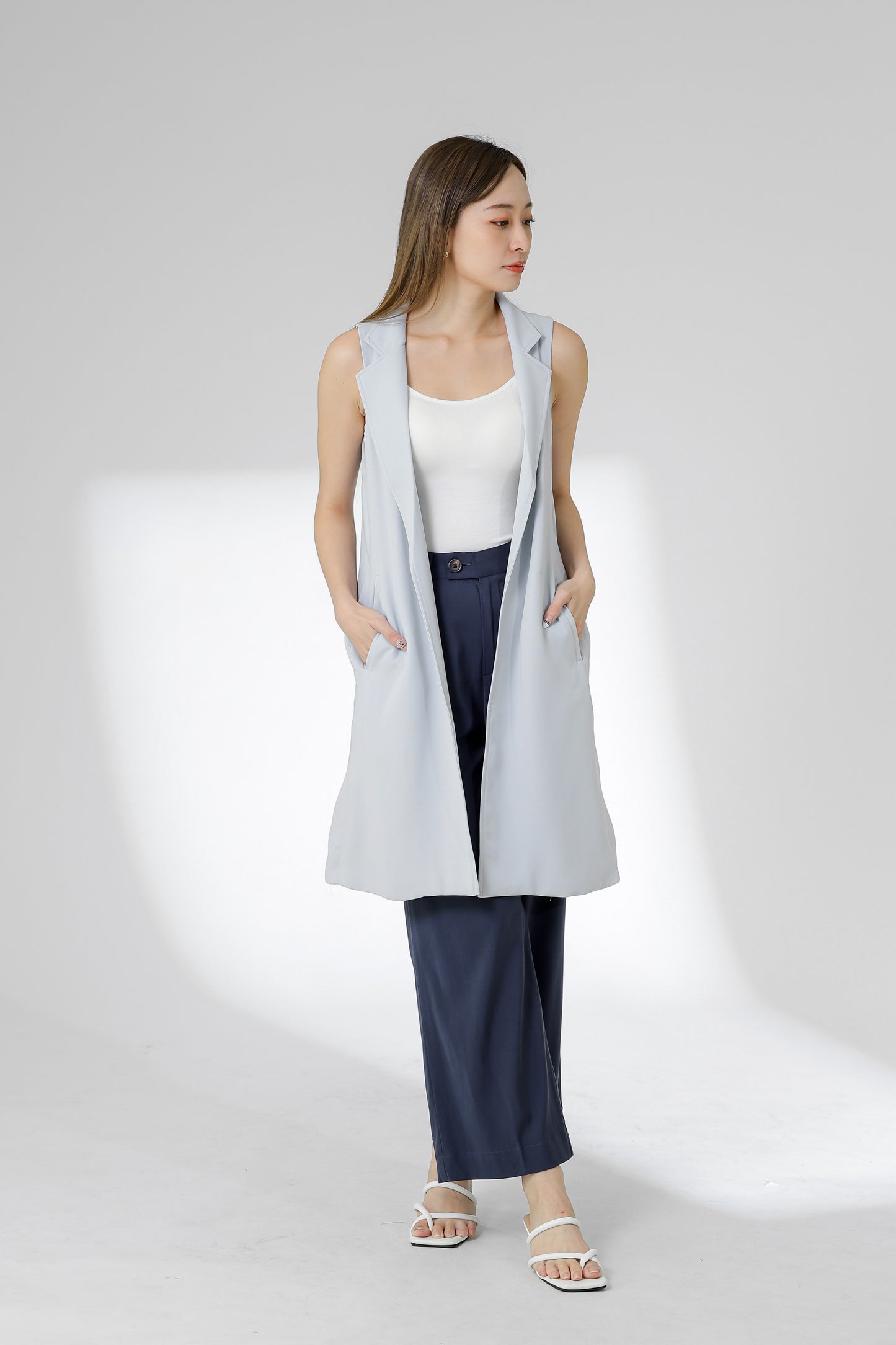 Eleora Notched Lapel Long Vest - Bluish Grey