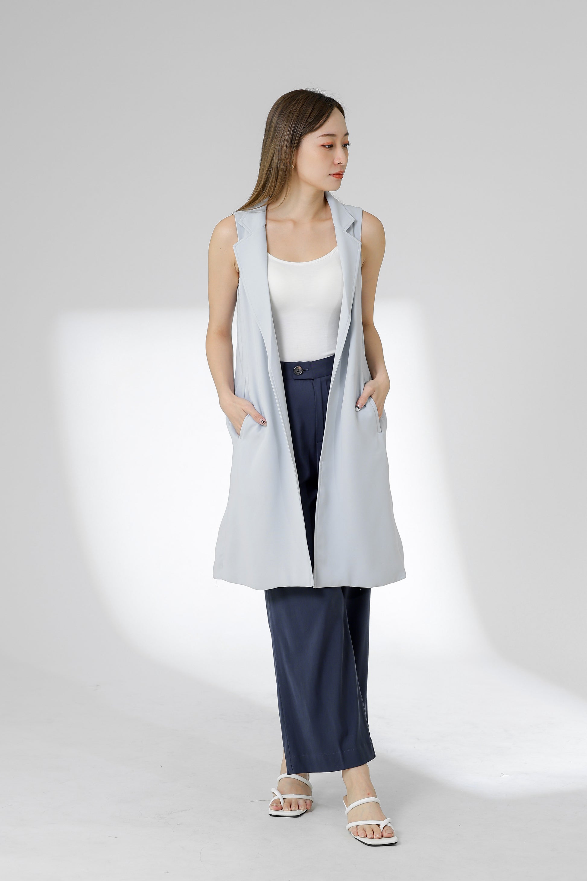 Eleora Notched Lapel Long Vest - Bluish Grey