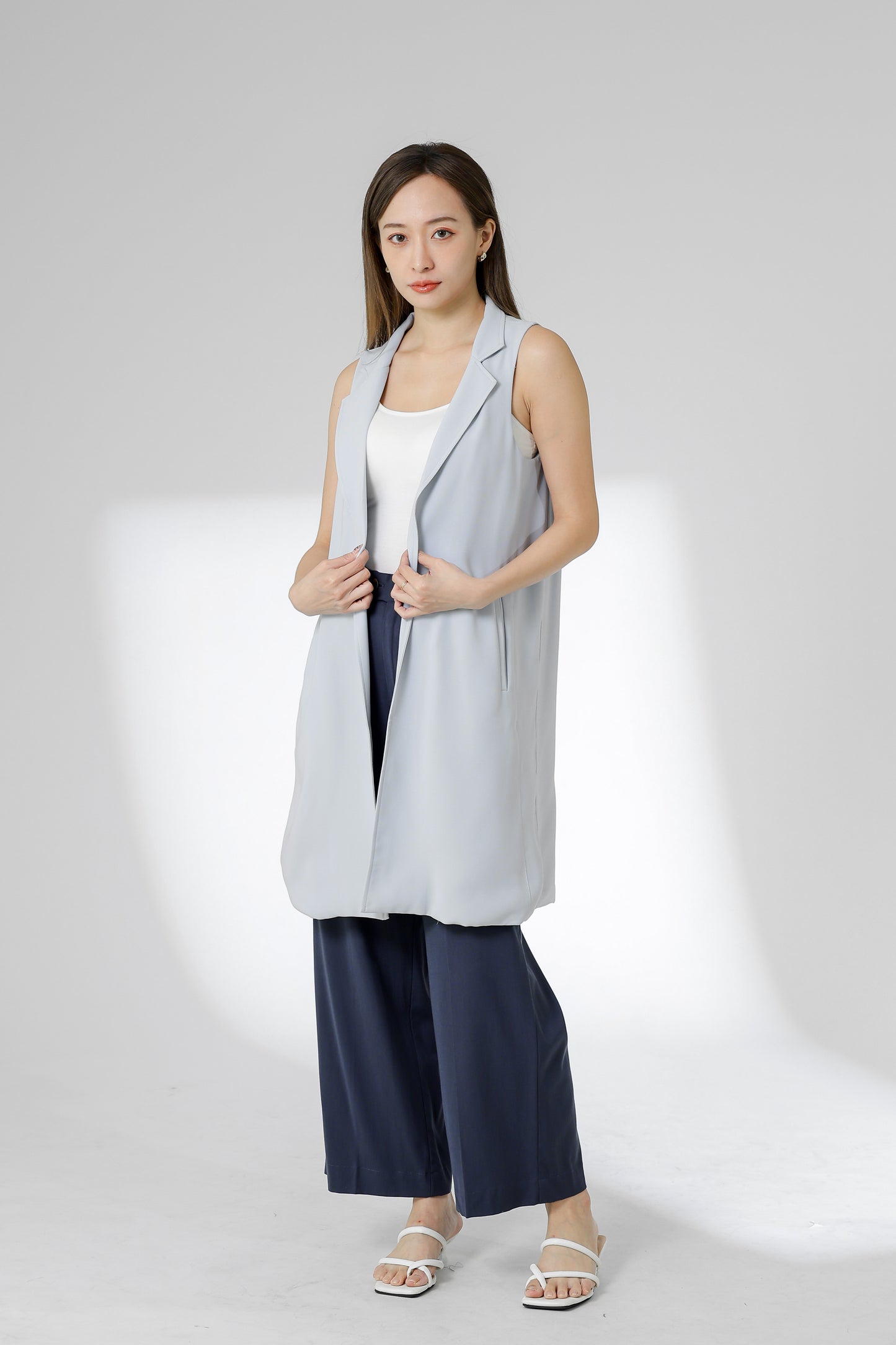 Eleora Notched Lapel Long Vest - Bluish Grey