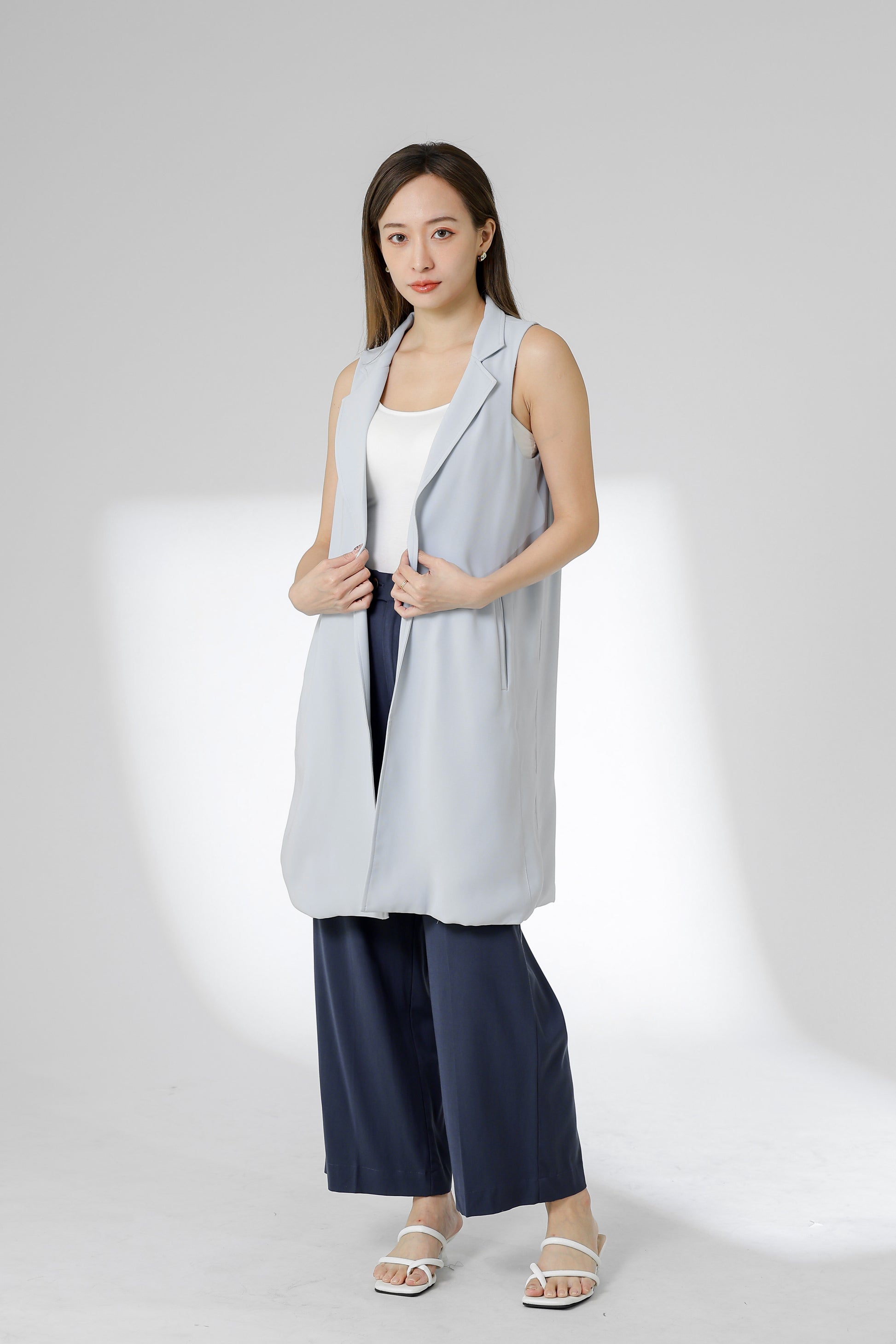 Eleora Notched Lapel Long Vest - Bluish Grey
