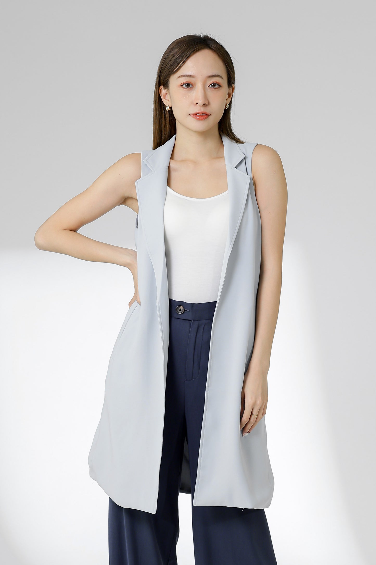 Eleora Notched Lapel Long Vest - Bluish Grey