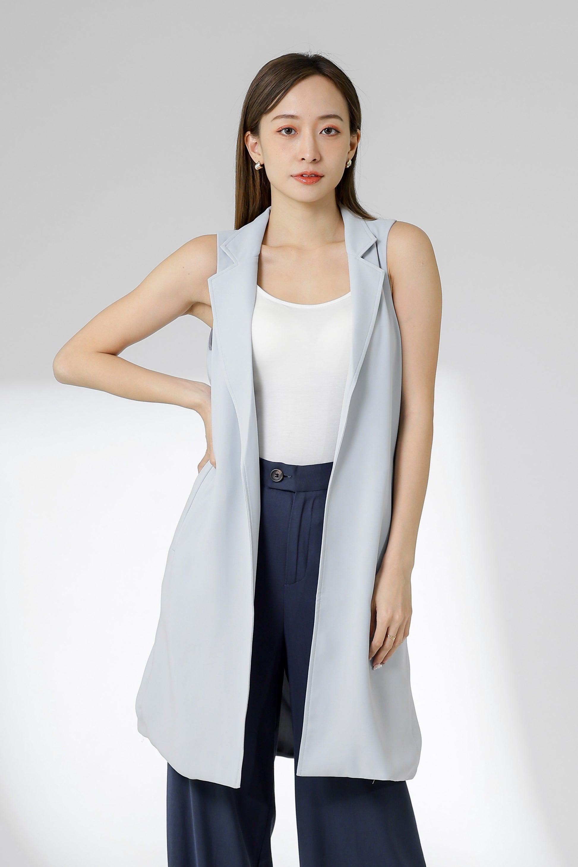 Eleora Notched Lapel Long Vest - Bluish Grey