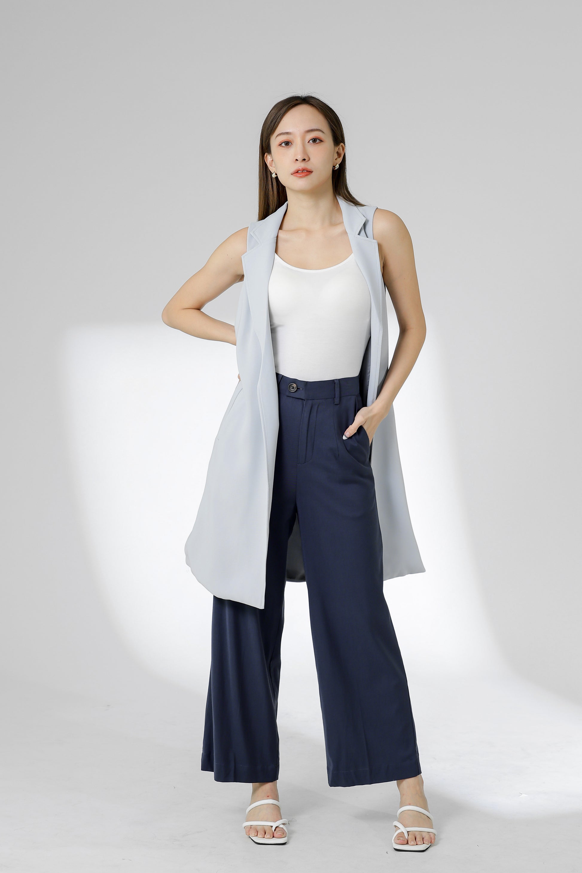 Eleora Notched Lapel Long Vest - Bluish Grey