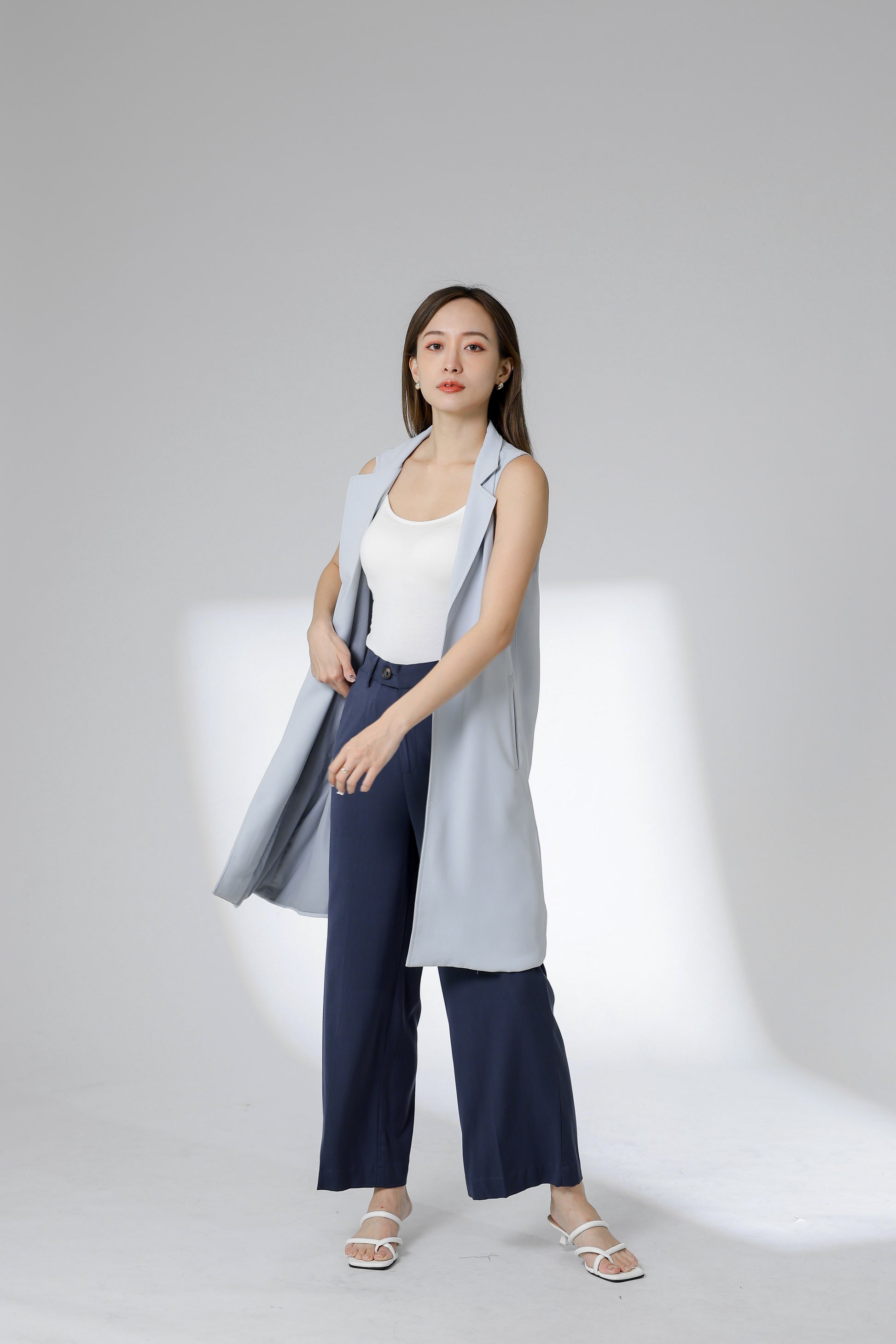 Eleora Notched Lapel Long Vest - Bluish Grey