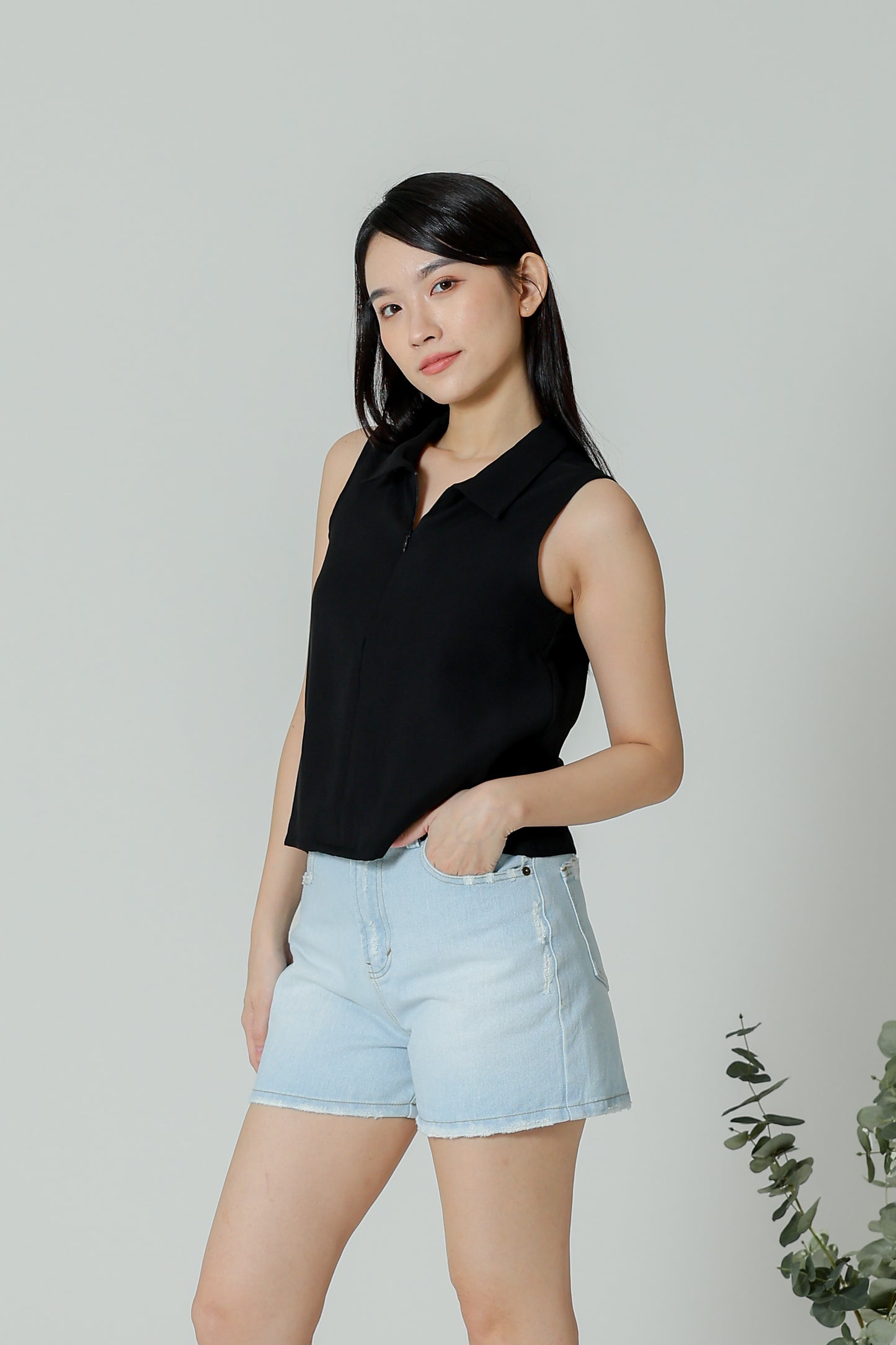 Ella Zip Collar Top - Black