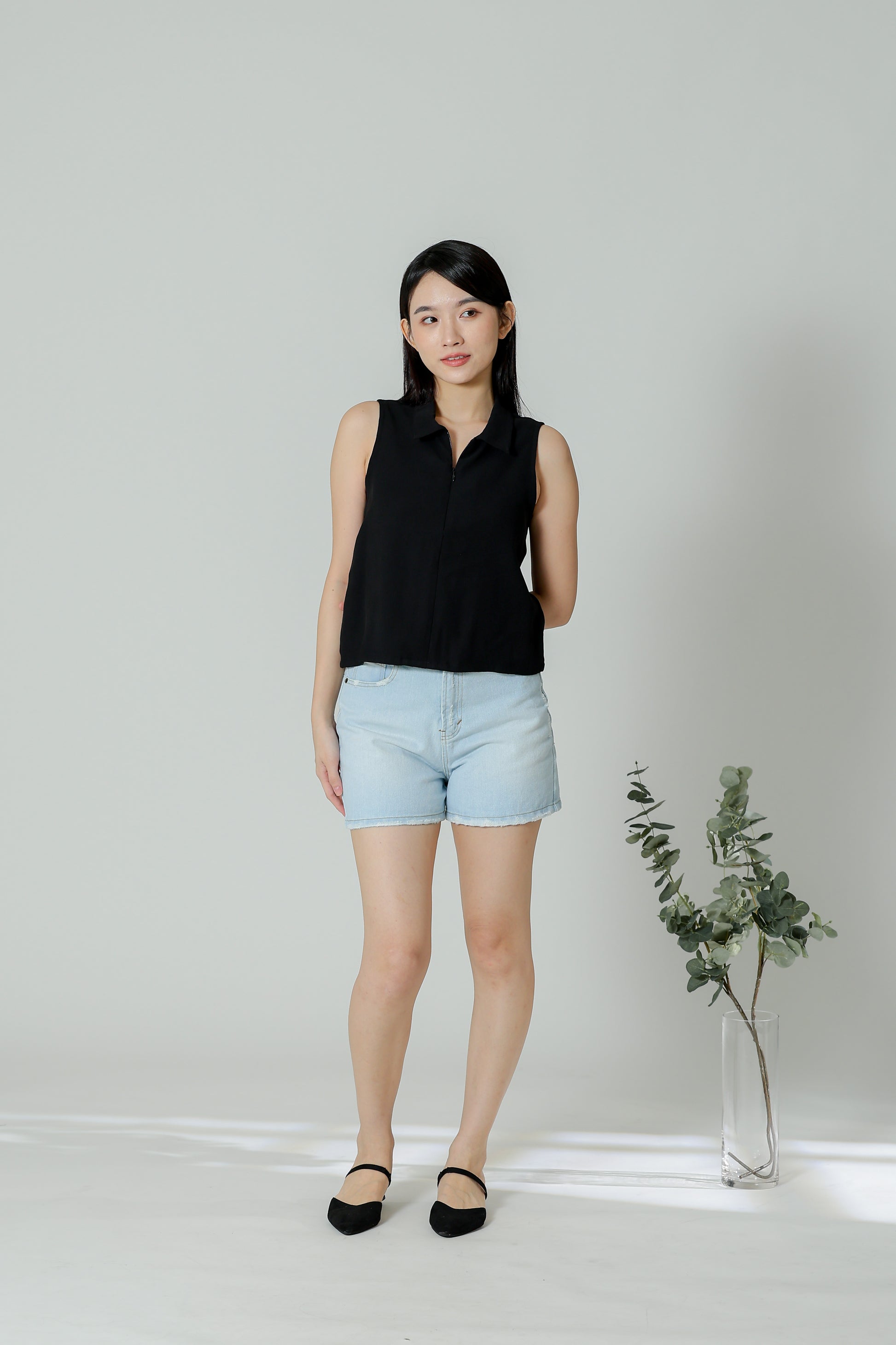 Ella Zip Collar Top - Black