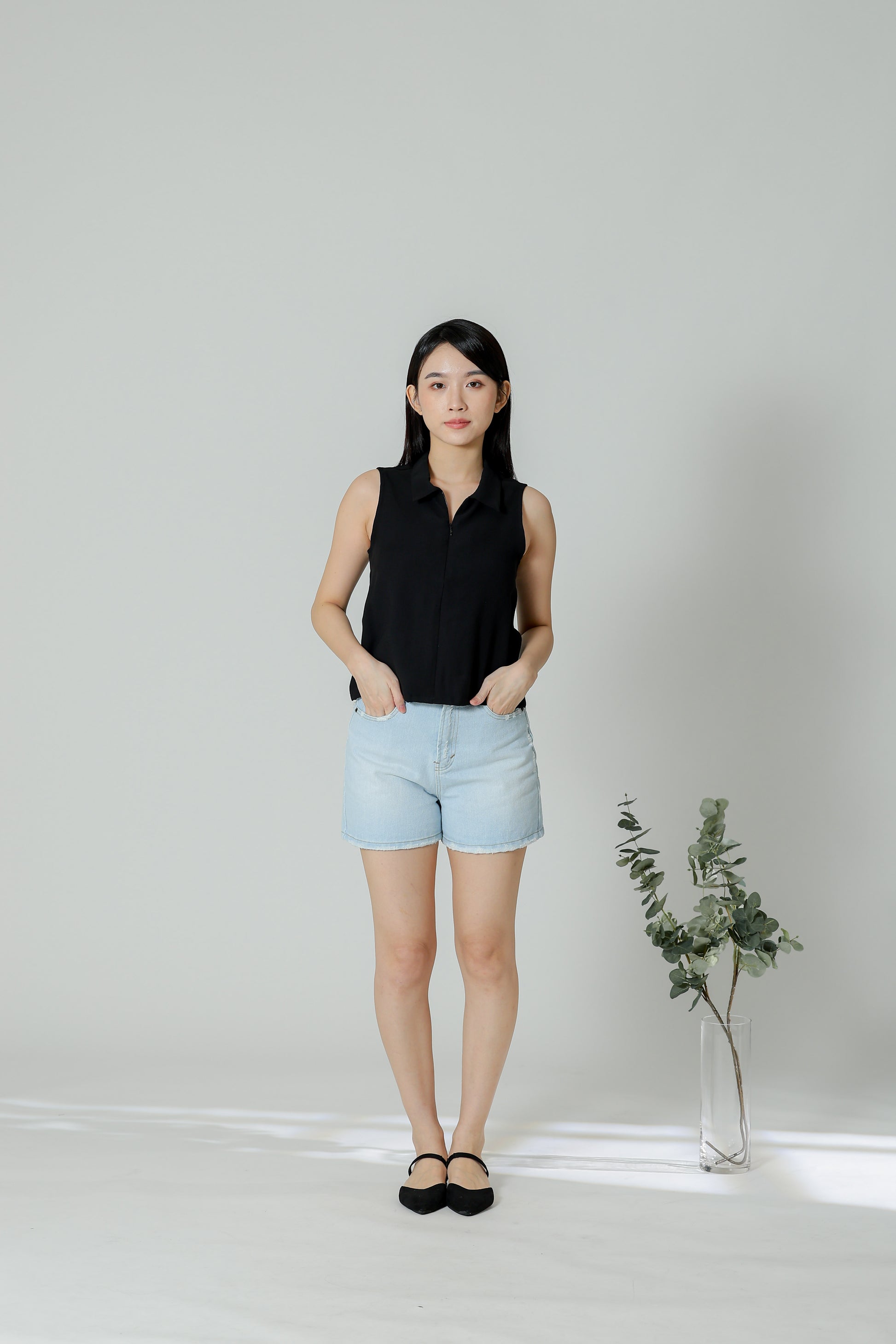 Ella Zip Collar Top - Black