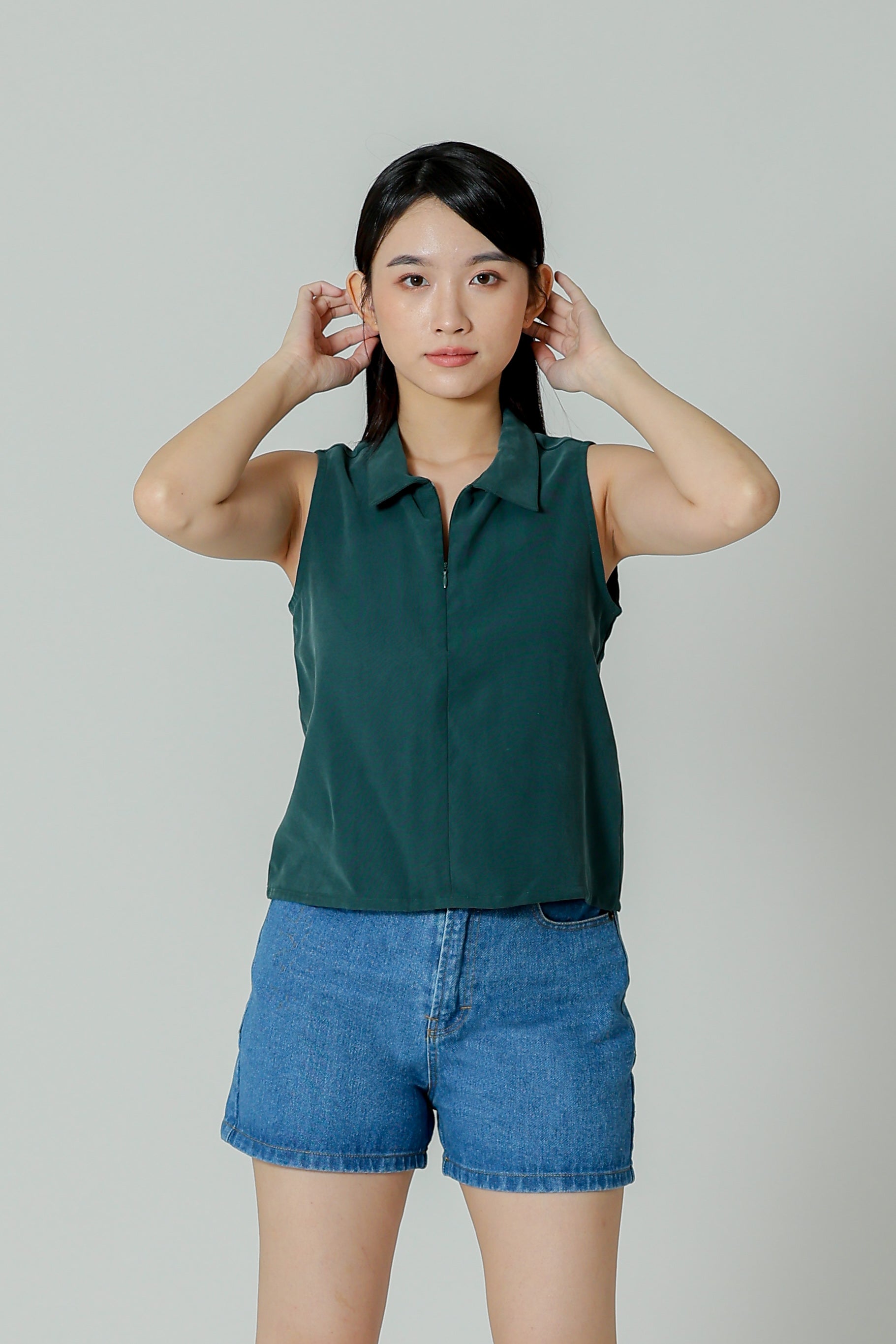 Ella Zip Collar Top - Emerald