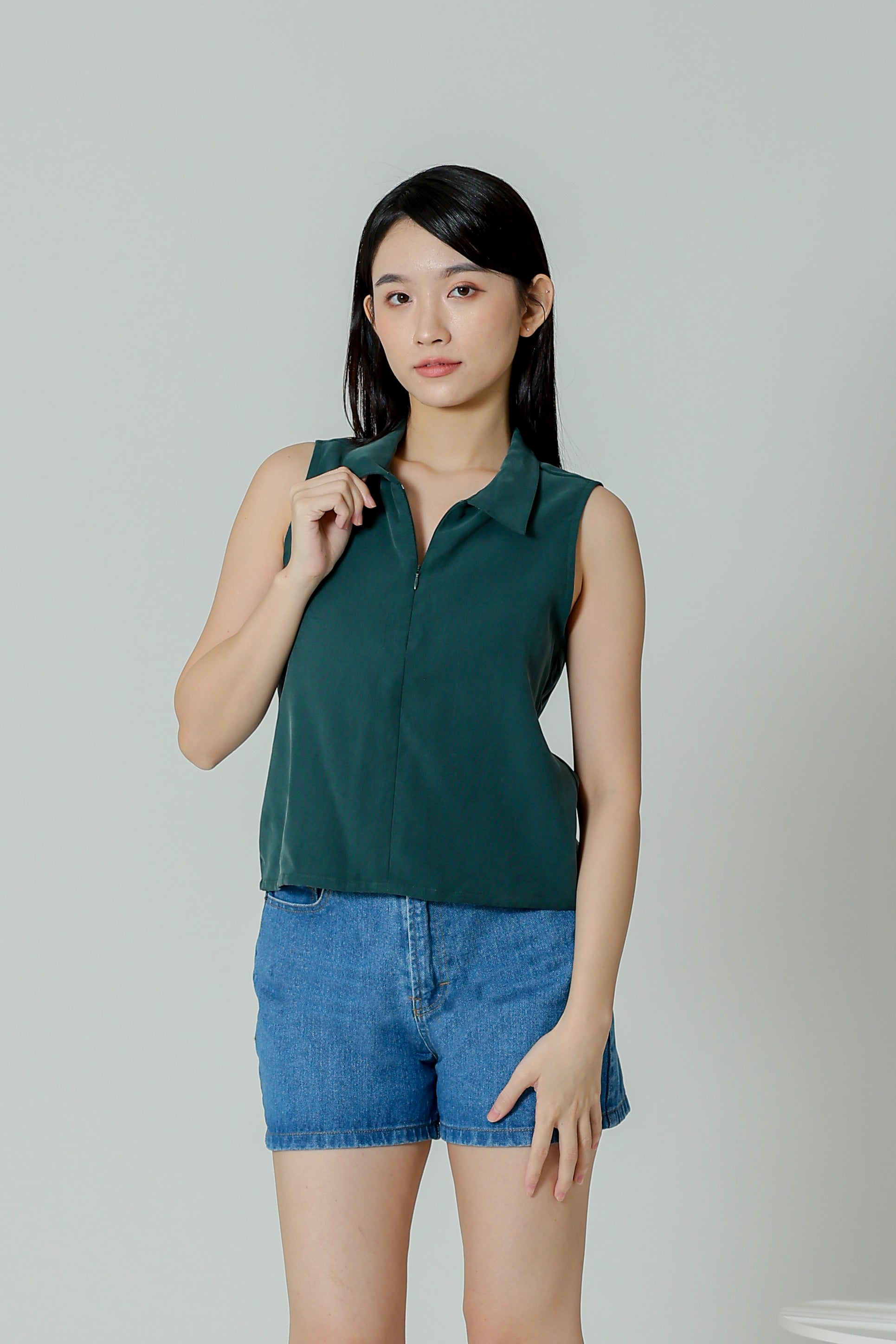 Ella Zip Collar Top - Emerald