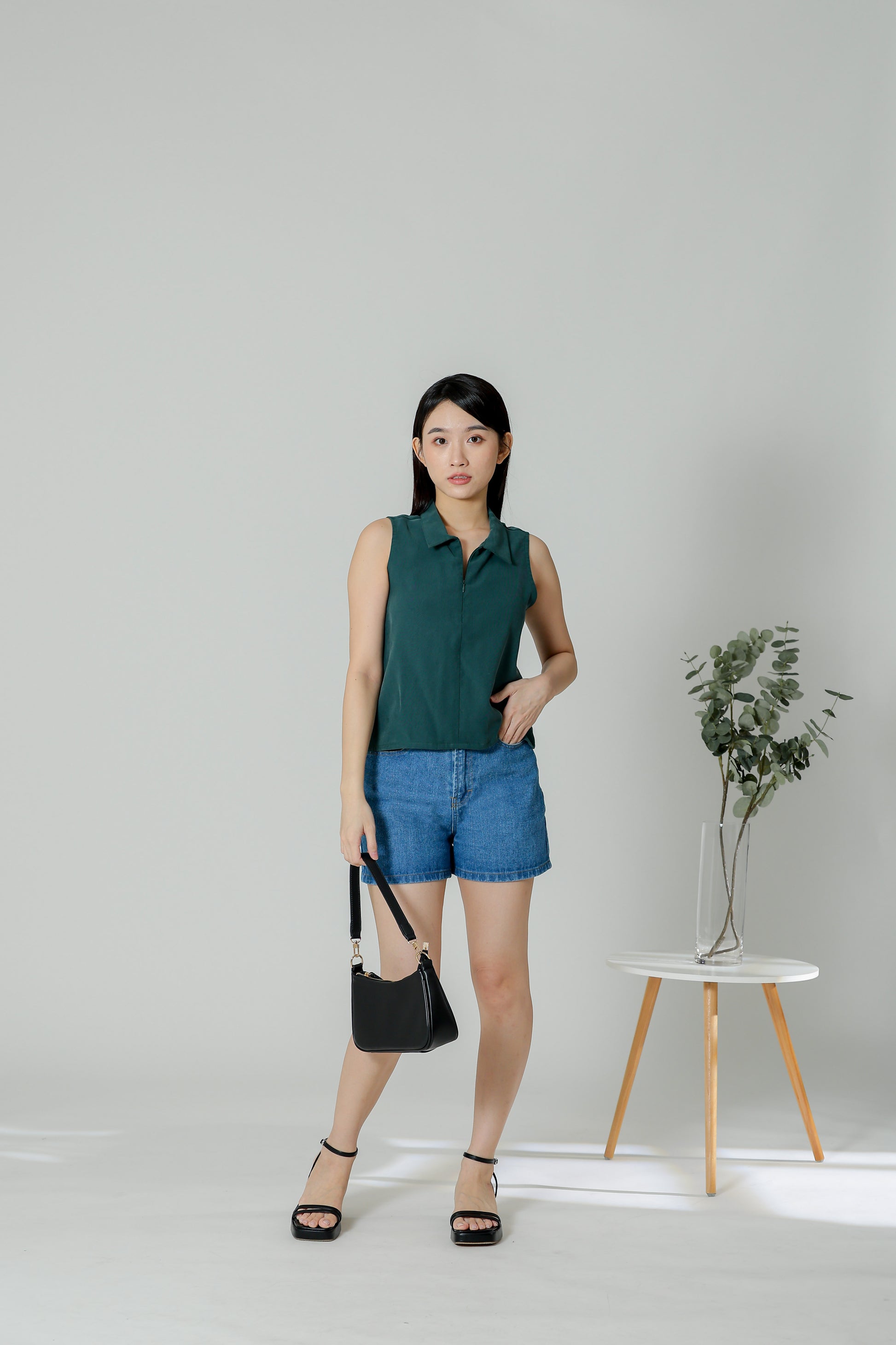 Ella Zip Collar Top - Emerald