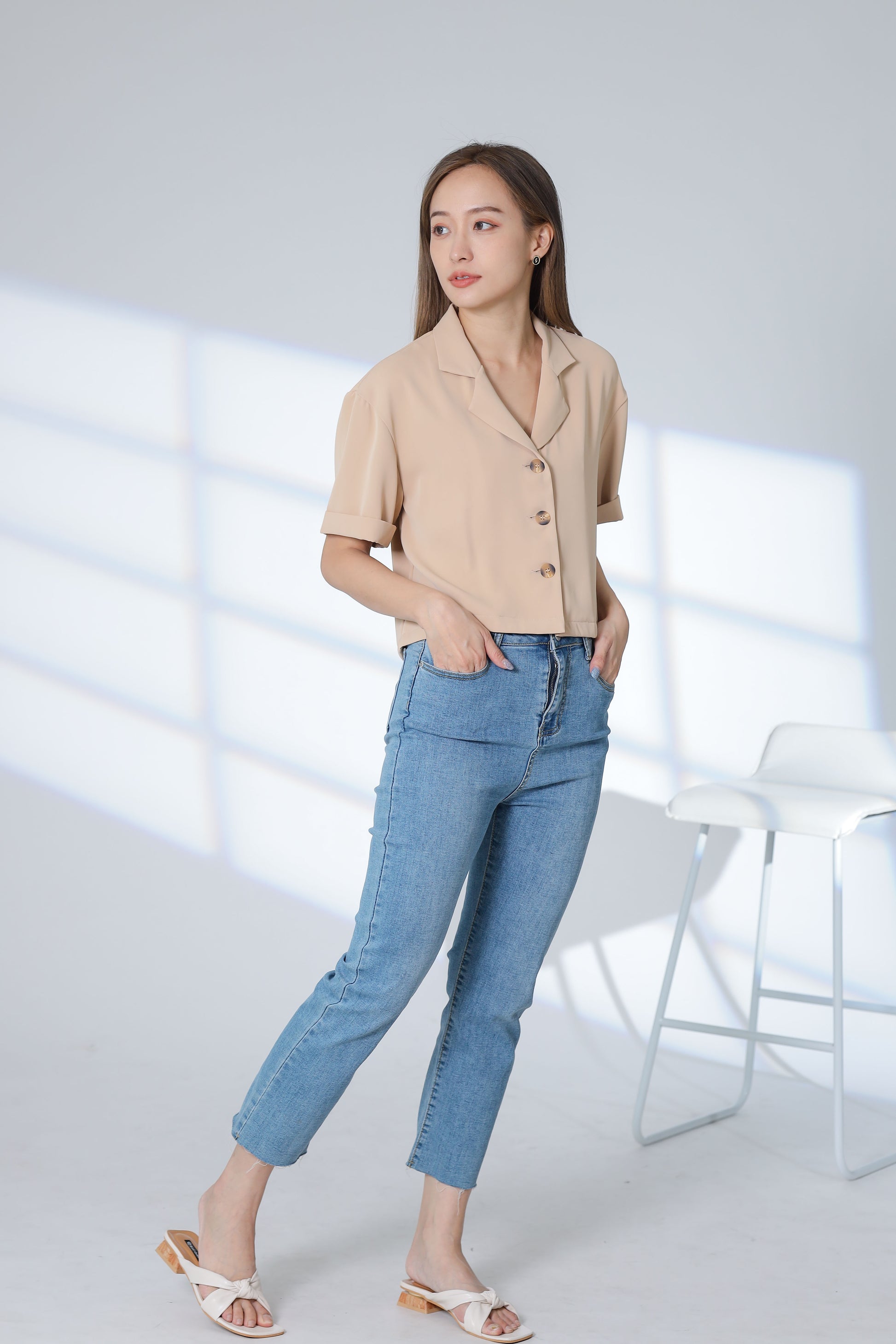 Ennis Notched Collar Top - Khaki