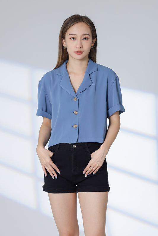 Ennis Notched Collar Top - Blue