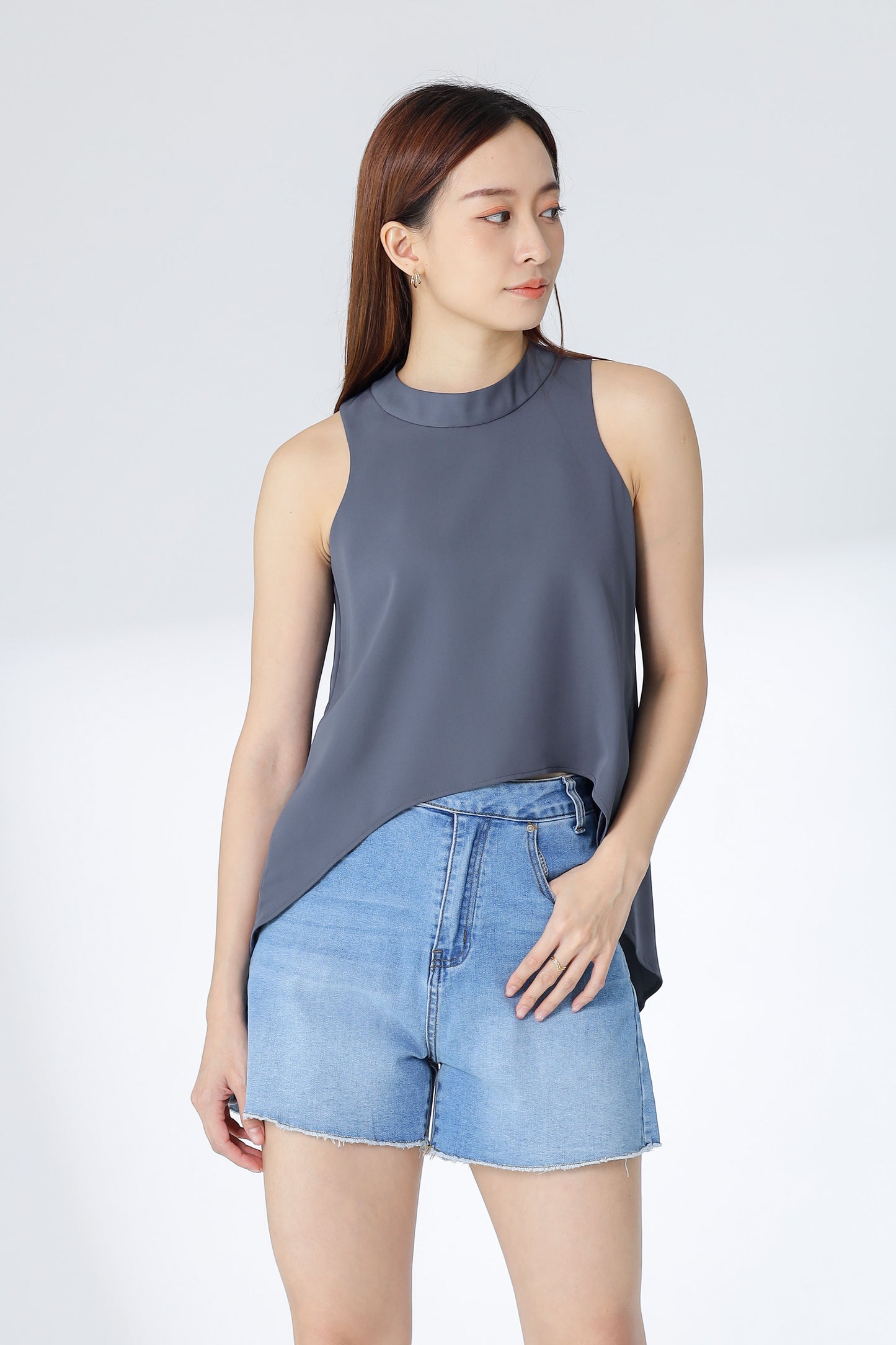 Erinn Mock Neck Asymmetric Top - Cool Gray
