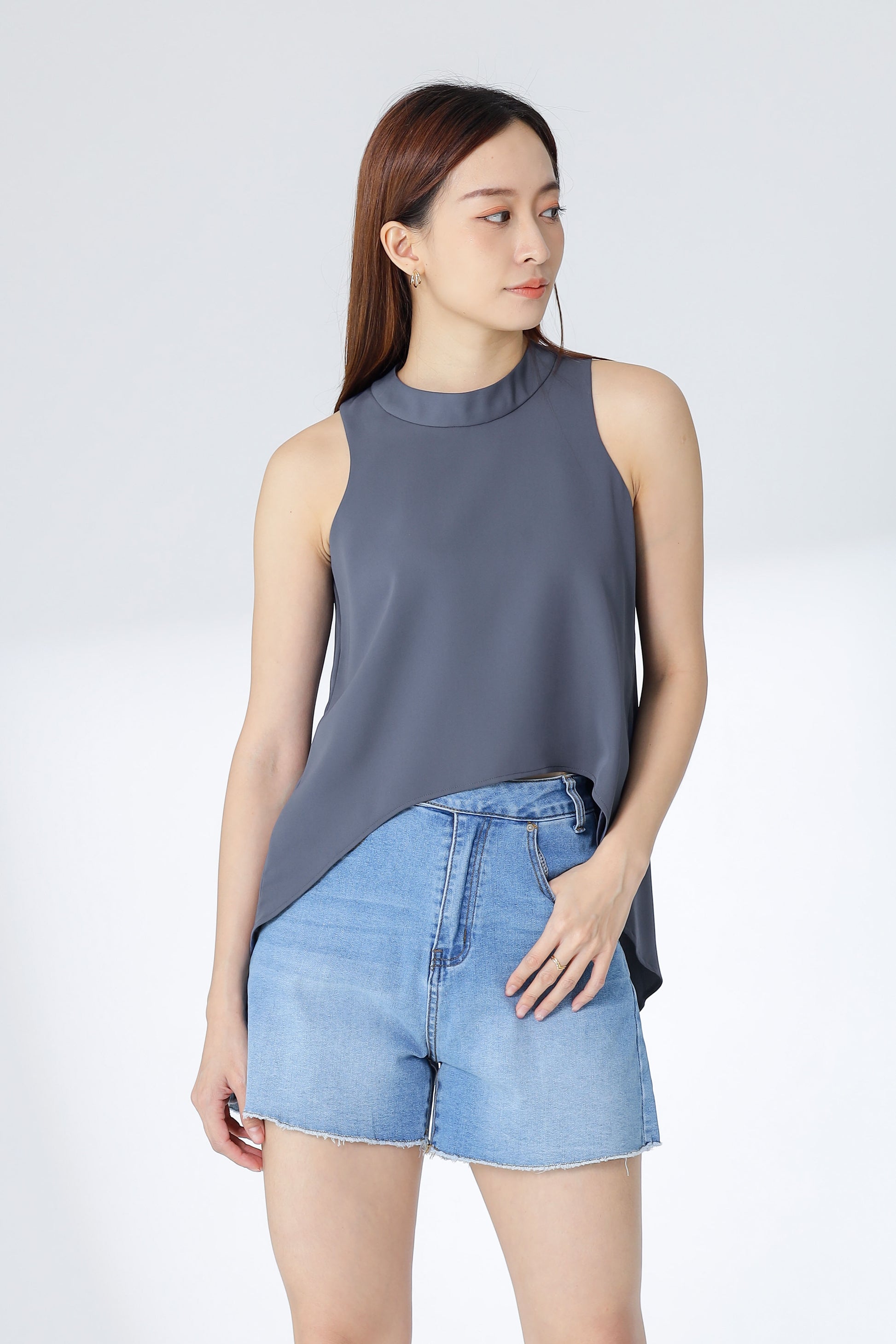 Erinn Mock Neck Asymmetric Top - Cool Gray