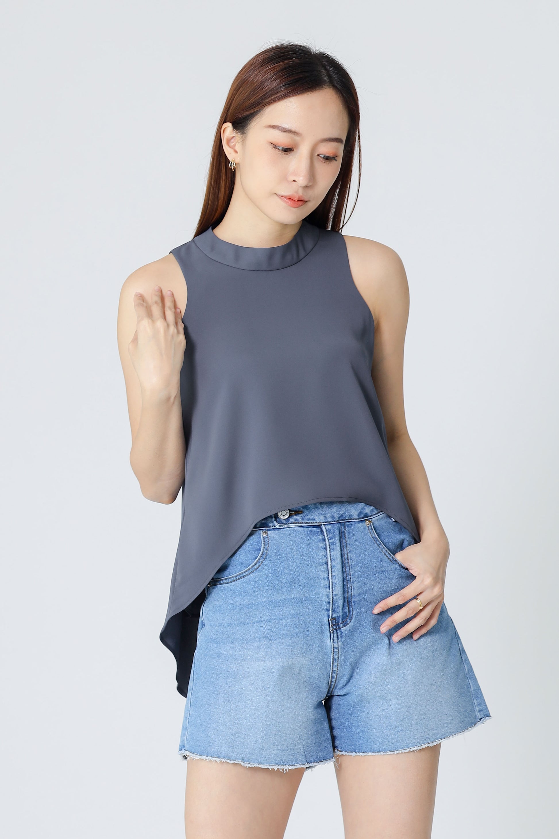 Erinn Mock Neck Asymmetric Top - Cool Gray