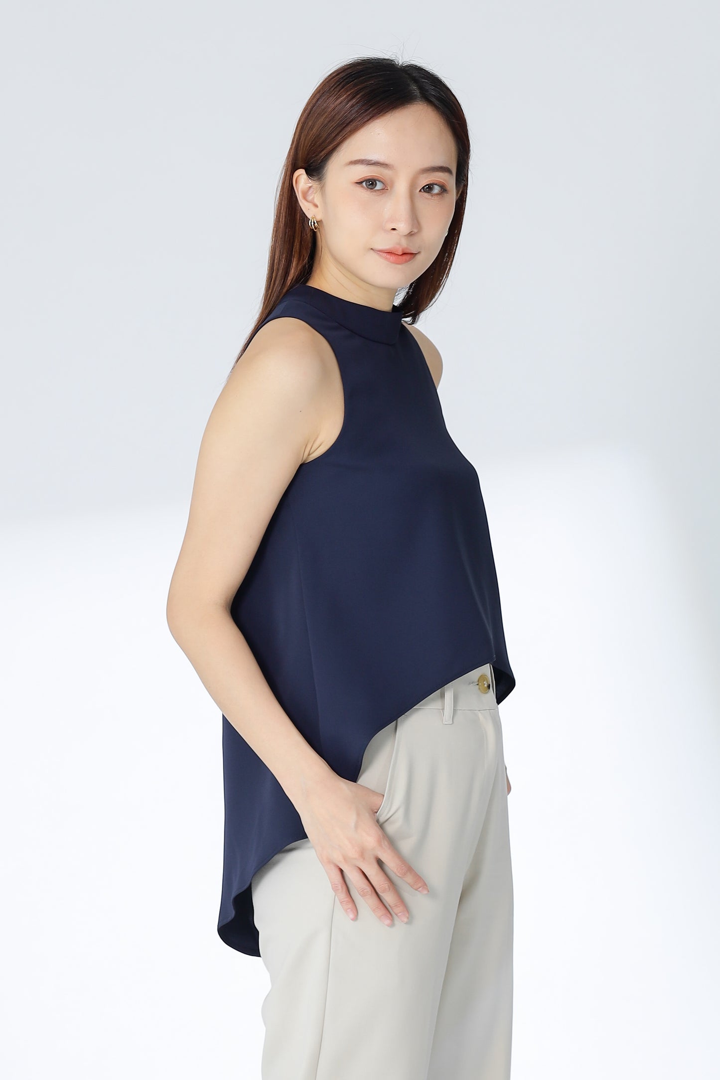 Erinn Mock Neck Asymmetric Top - Navy
