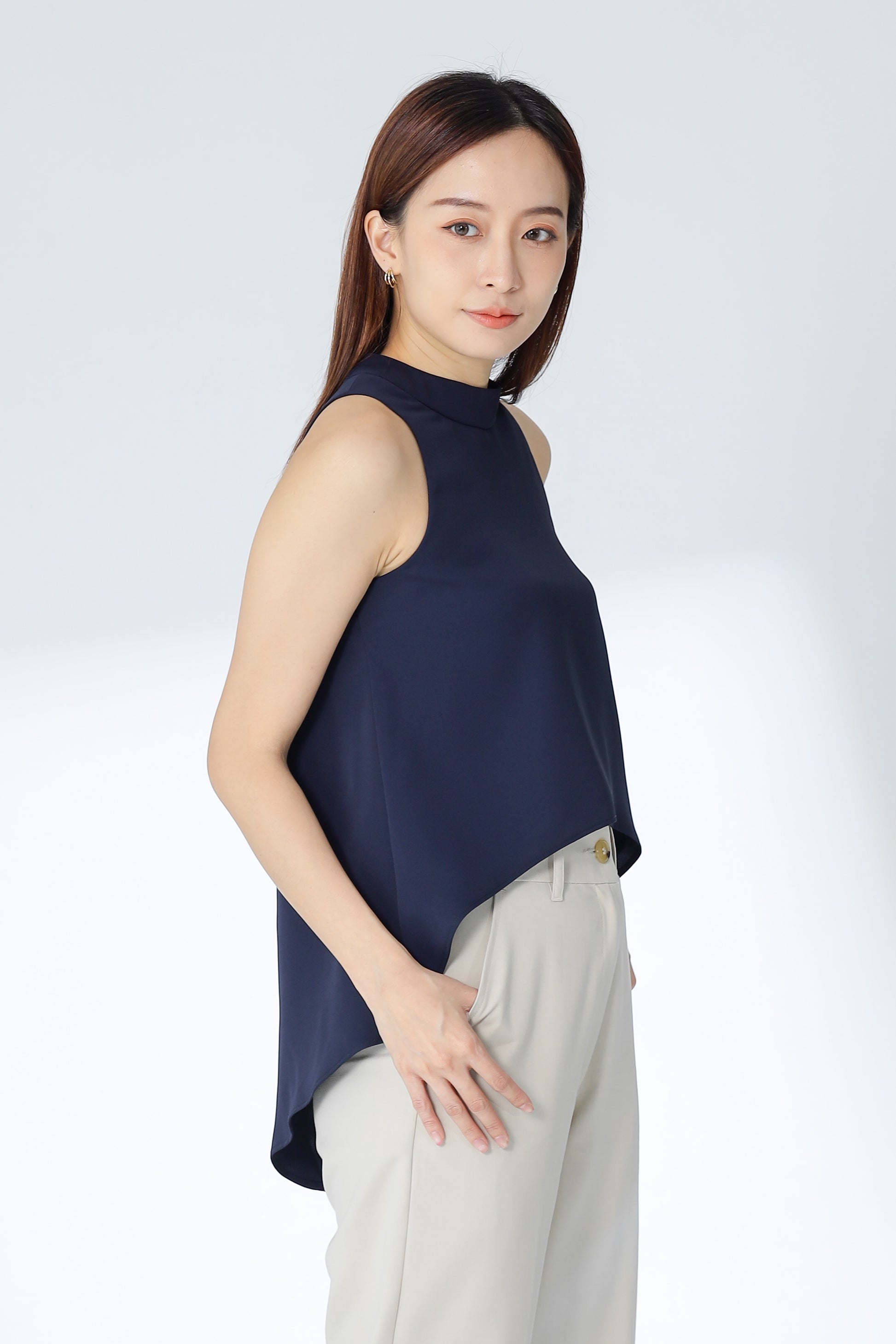 Erinn Mock Neck Asymmetric Top - Navy