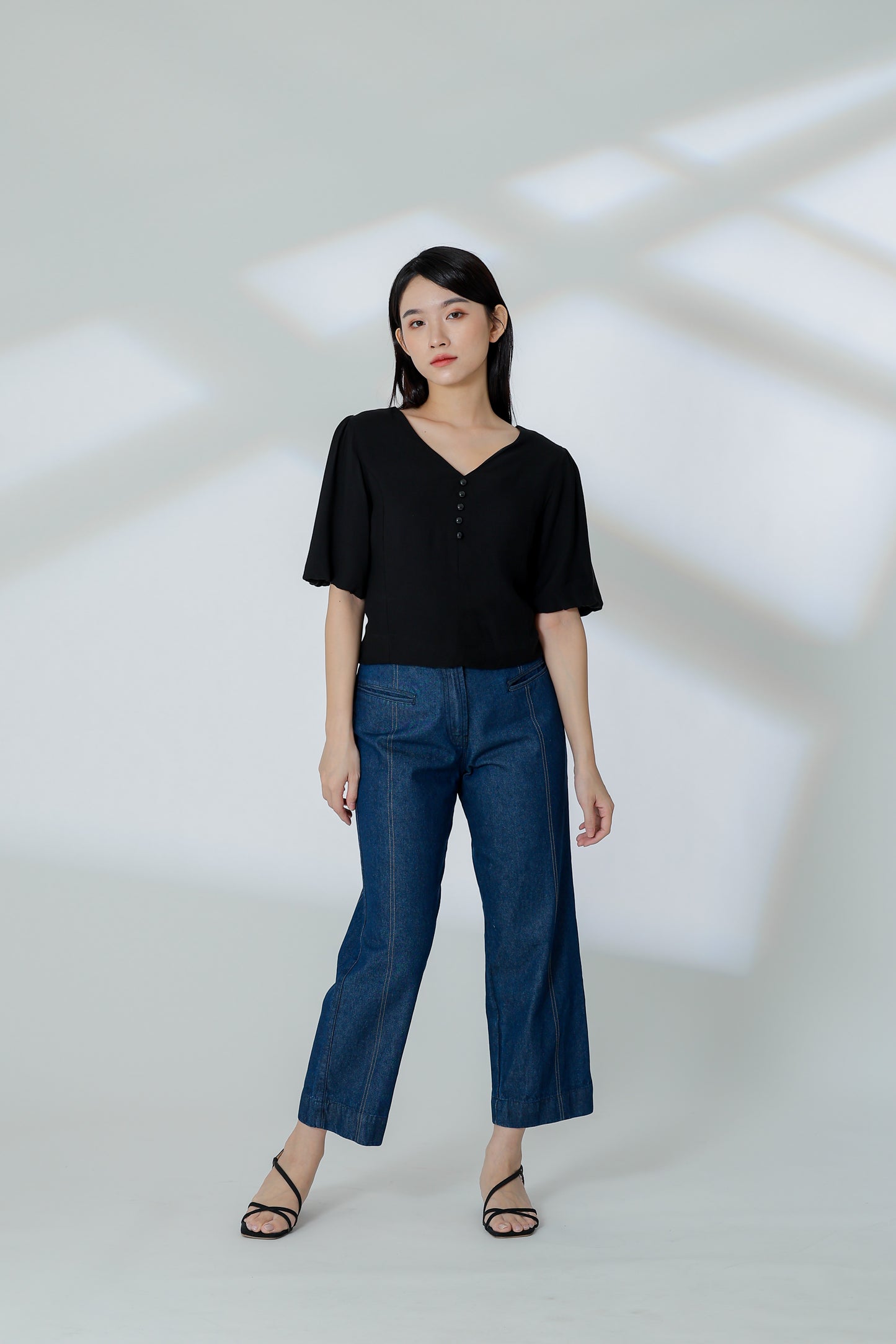Evalina Lantern Sleeve Blouse - Black