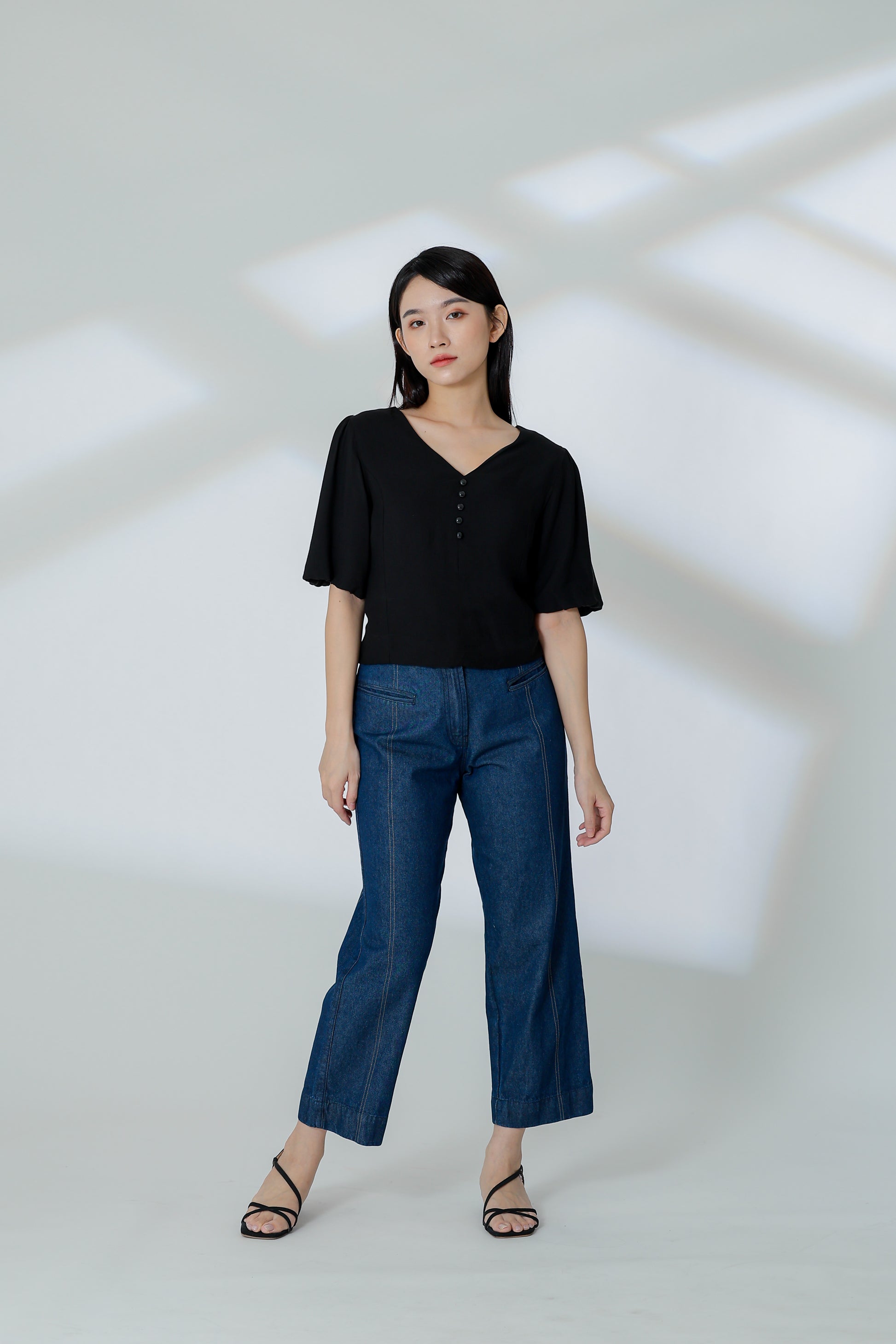 Evalina Lantern Sleeve Blouse - Black