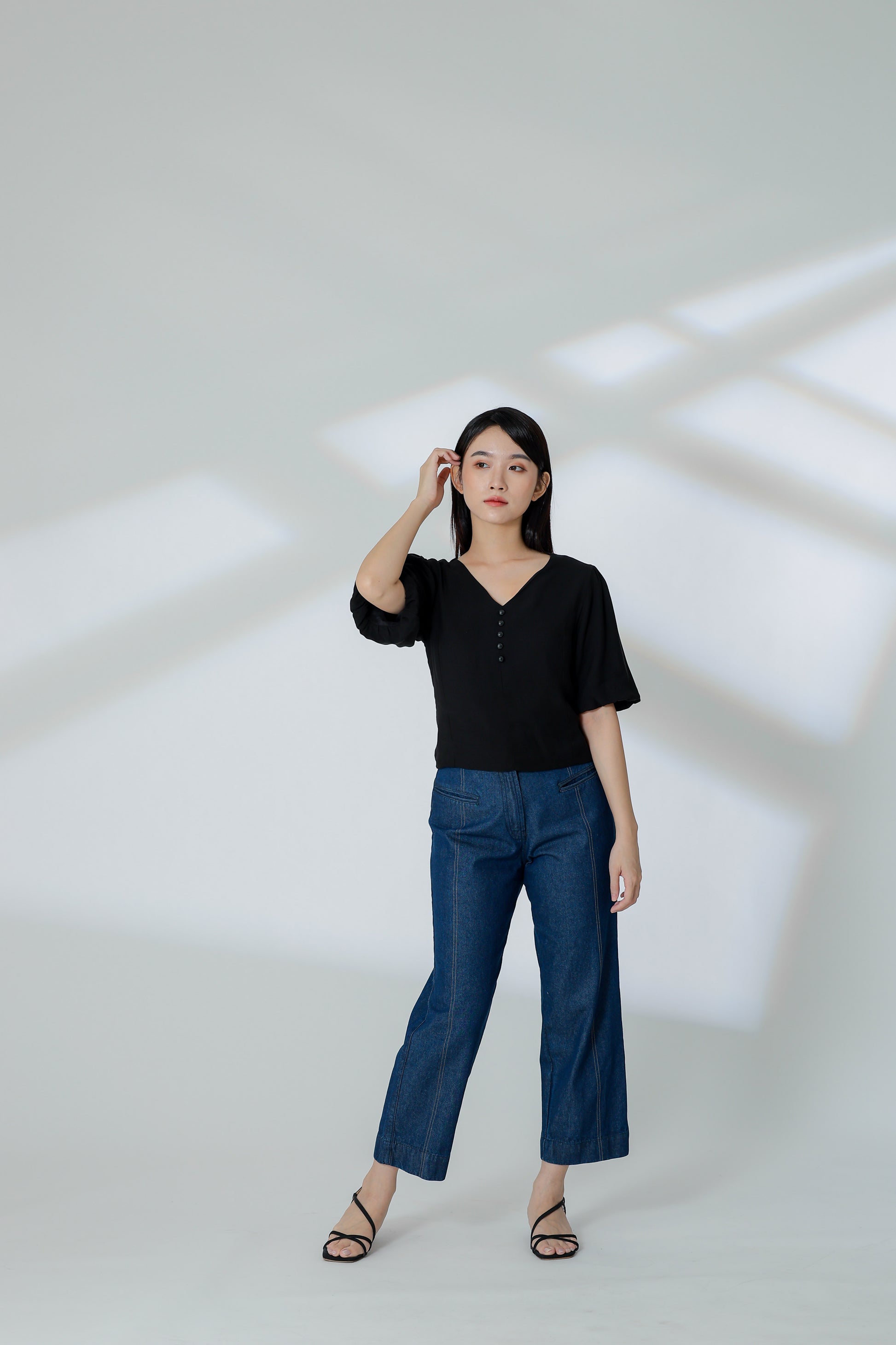 Evalina Lantern Sleeve Blouse - Black
