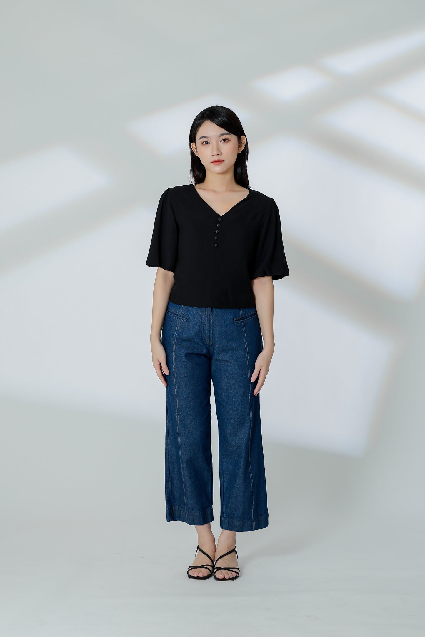 Evalina Lantern Sleeve Blouse - Black