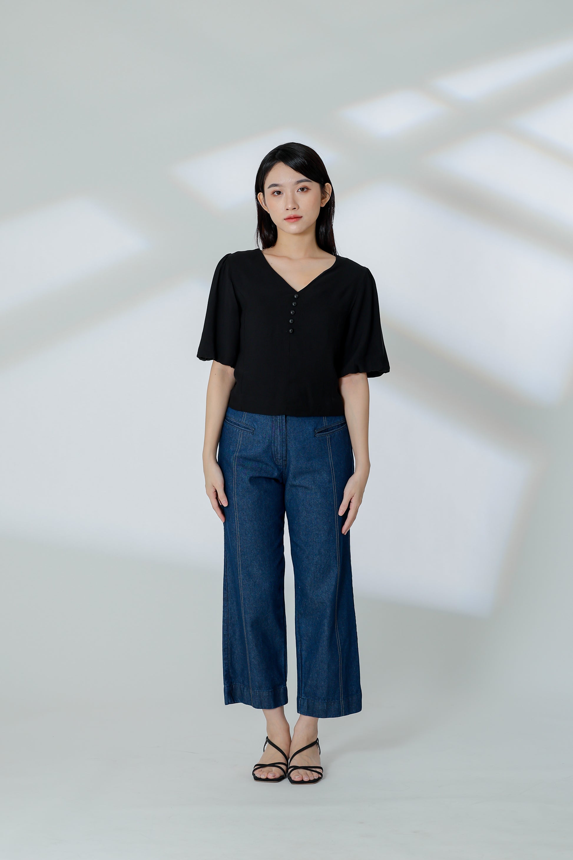 Evalina Lantern Sleeve Blouse - Black