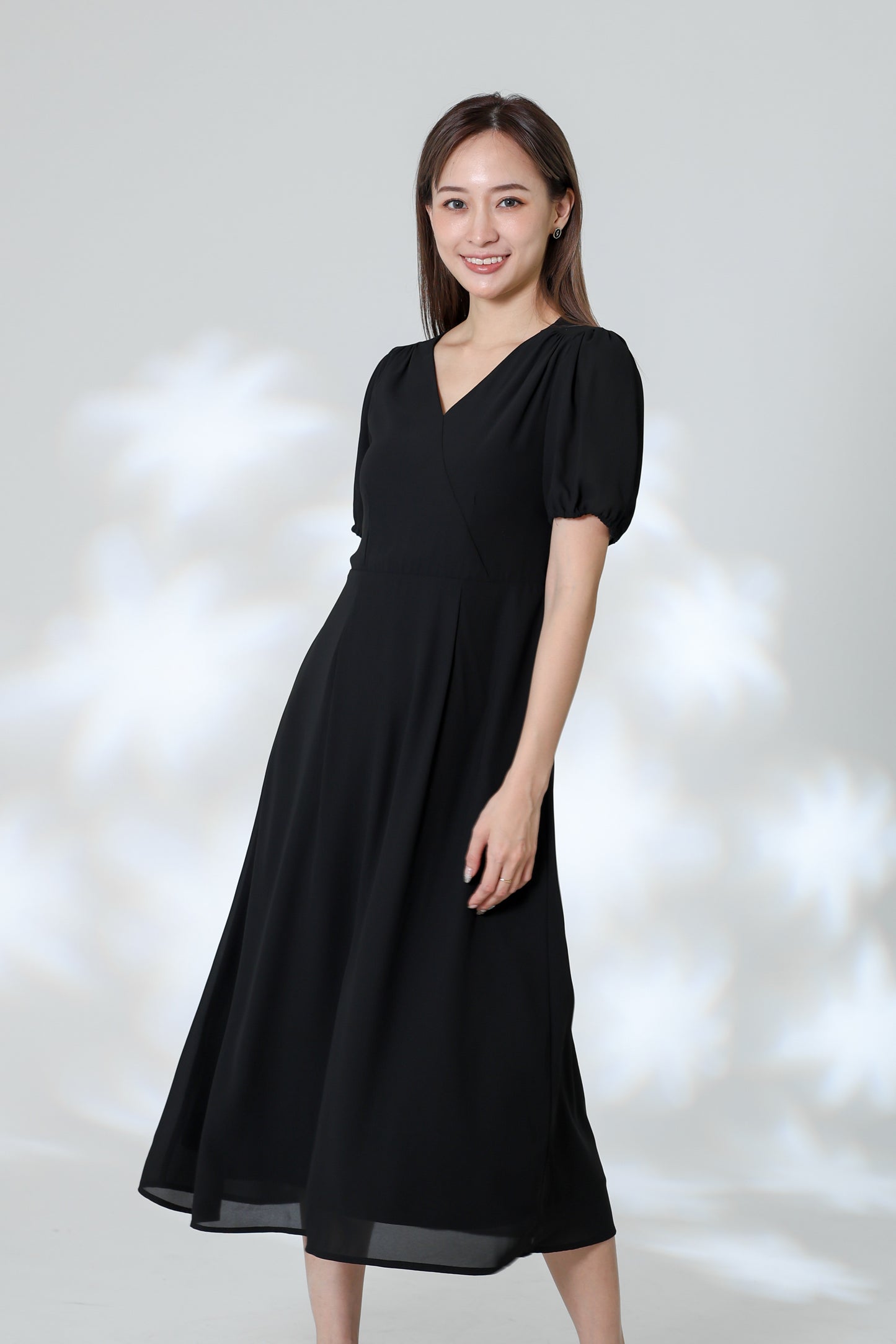 Exi Puff Sleeve Midi Dress - Black