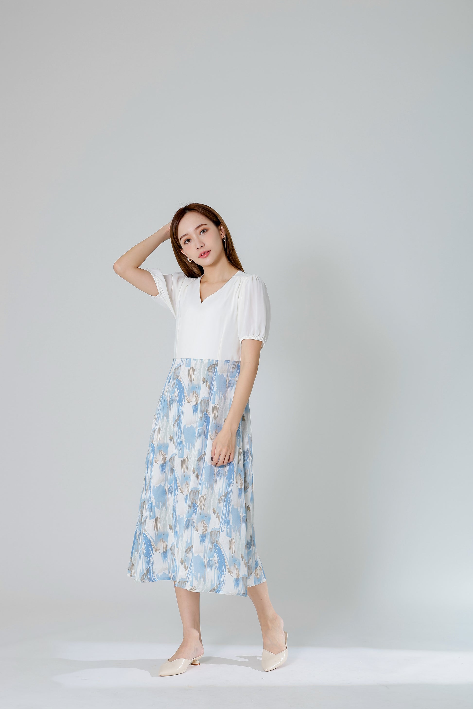 Exi Puff Sleeve Midi Dress - Ivory/Blue