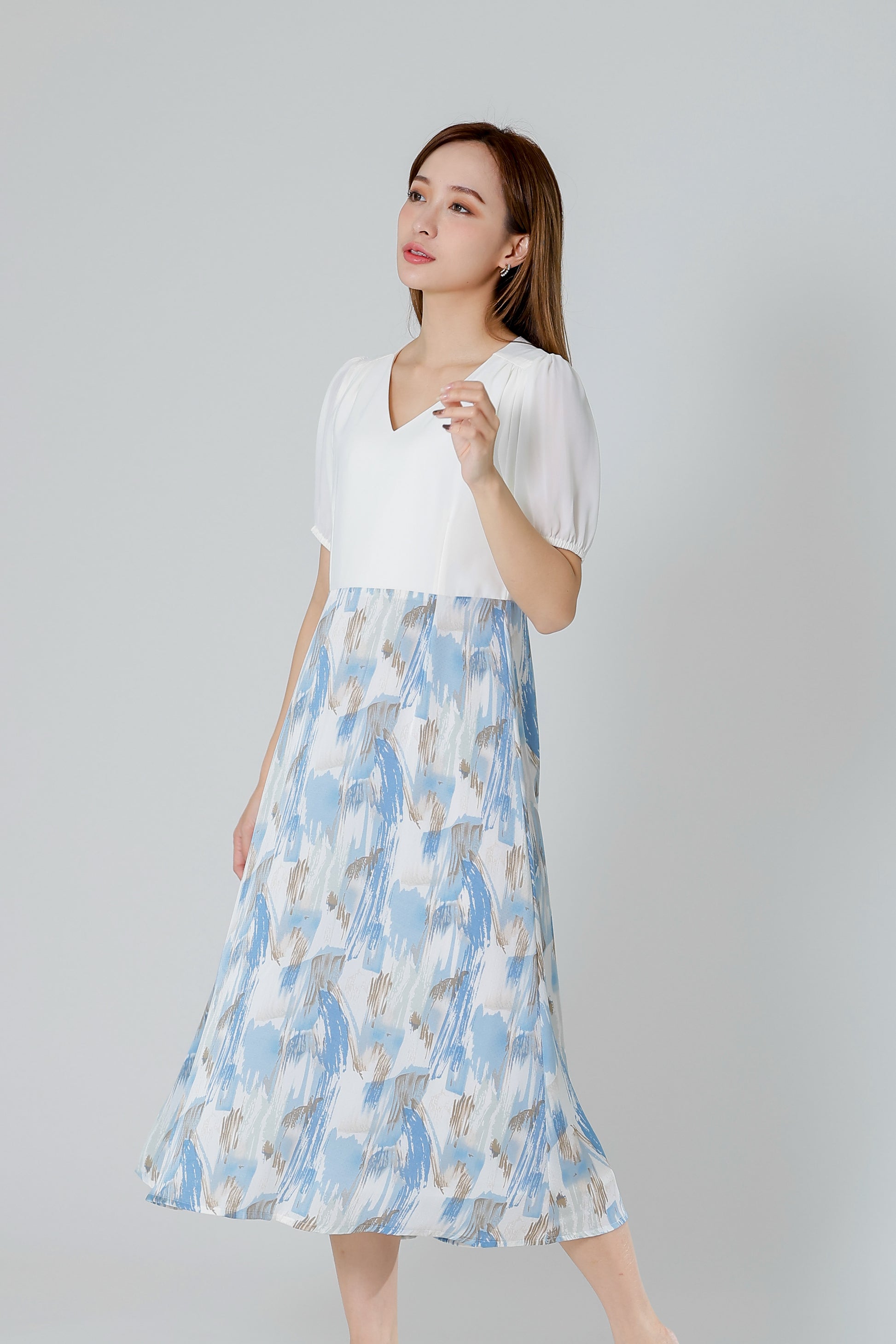 Exi Puff Sleeve Midi Dress - Ivory/Blue