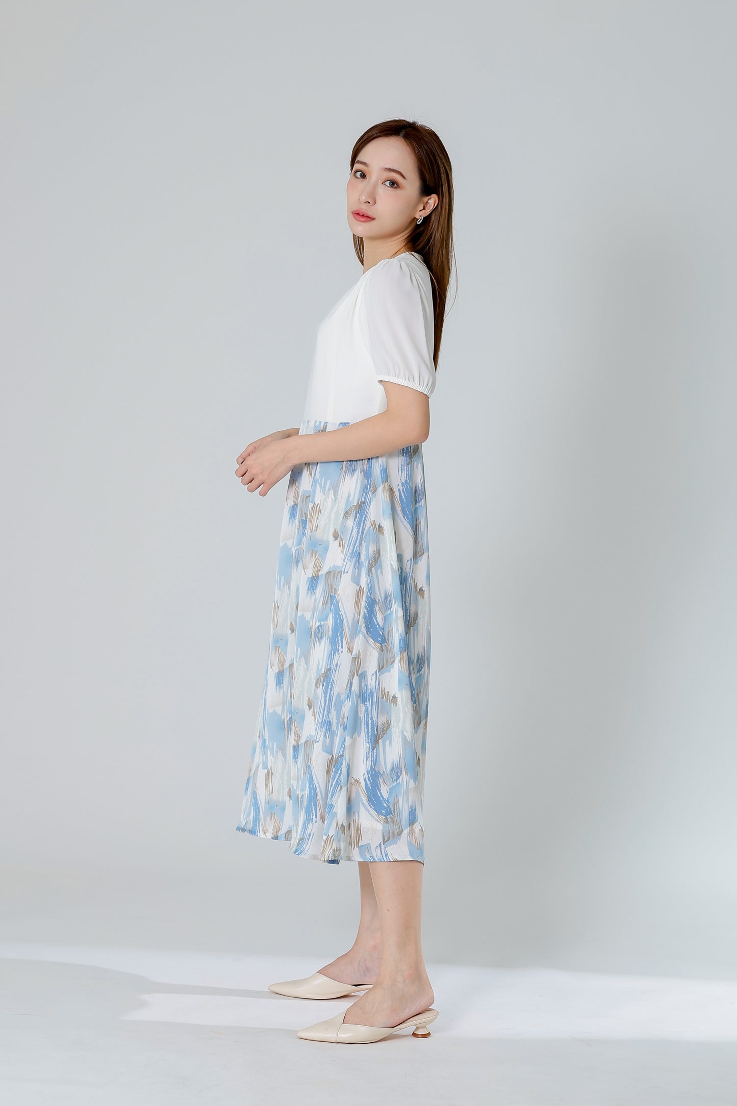Exi Puff Sleeve Midi Dress - Ivory/Blue