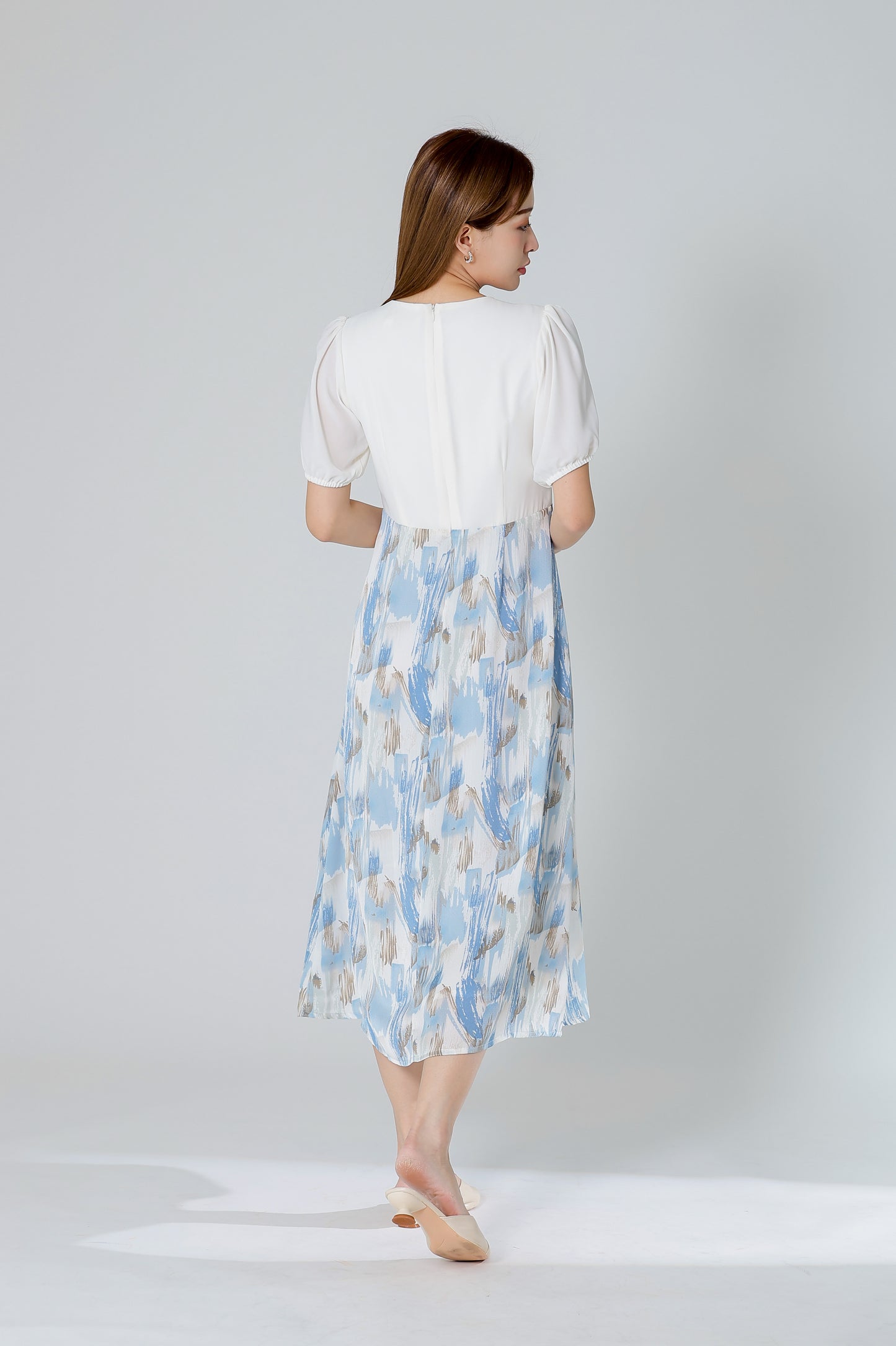 Exi Puff Sleeve Midi Dress - Ivory/Blue